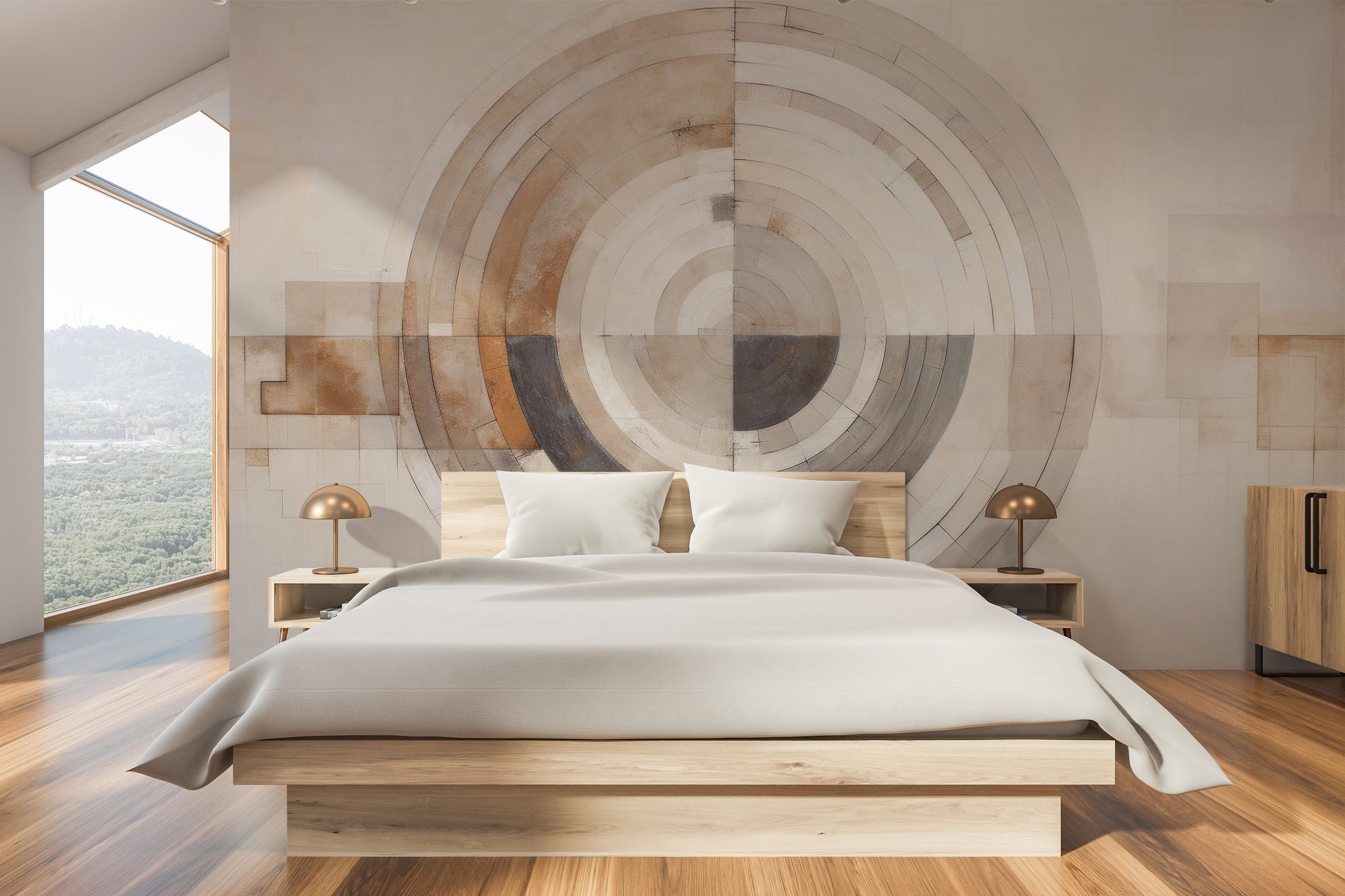 Fototapeta artystyczna o nazwie MONOCHROME ECLIPSE ABSTRACTION pokazana w aranżacji wnętrza.