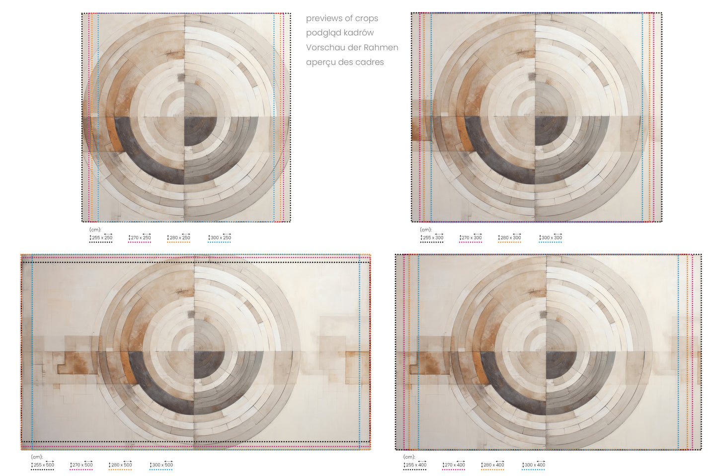 Na obrazie znajduje się prezentacja przykładowych rozmiarów fototapety o nazwie MONOCHROME ECLIPSE ABSTRACTION. Rozmiar fototapety jest dowolny.