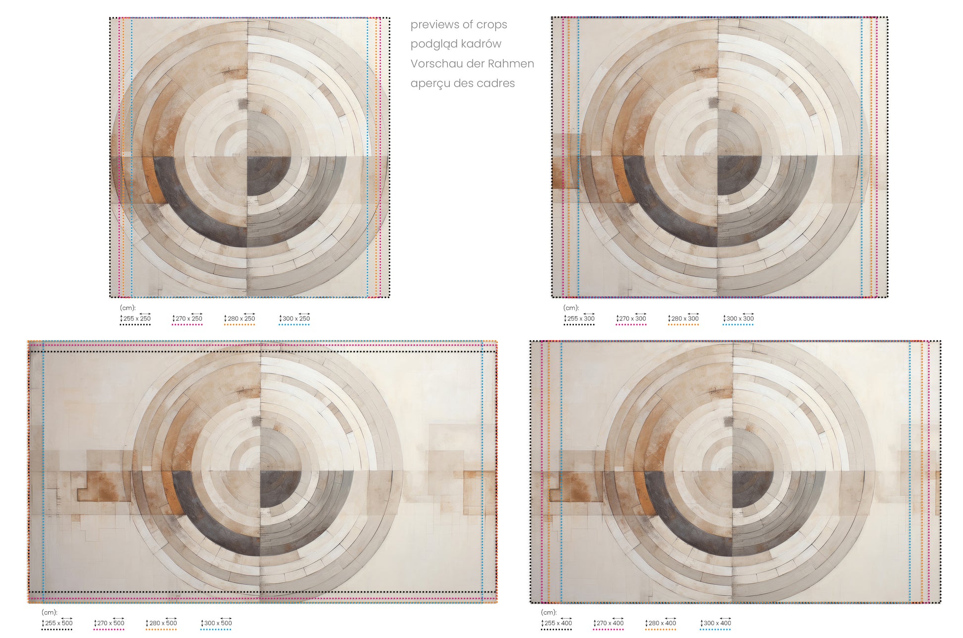 Na obrazie znajduje się prezentacja przykładowych rozmiarów fototapety o nazwie MONOCHROME ECLIPSE ABSTRACTION. Rozmiar fototapety jest dowolny.