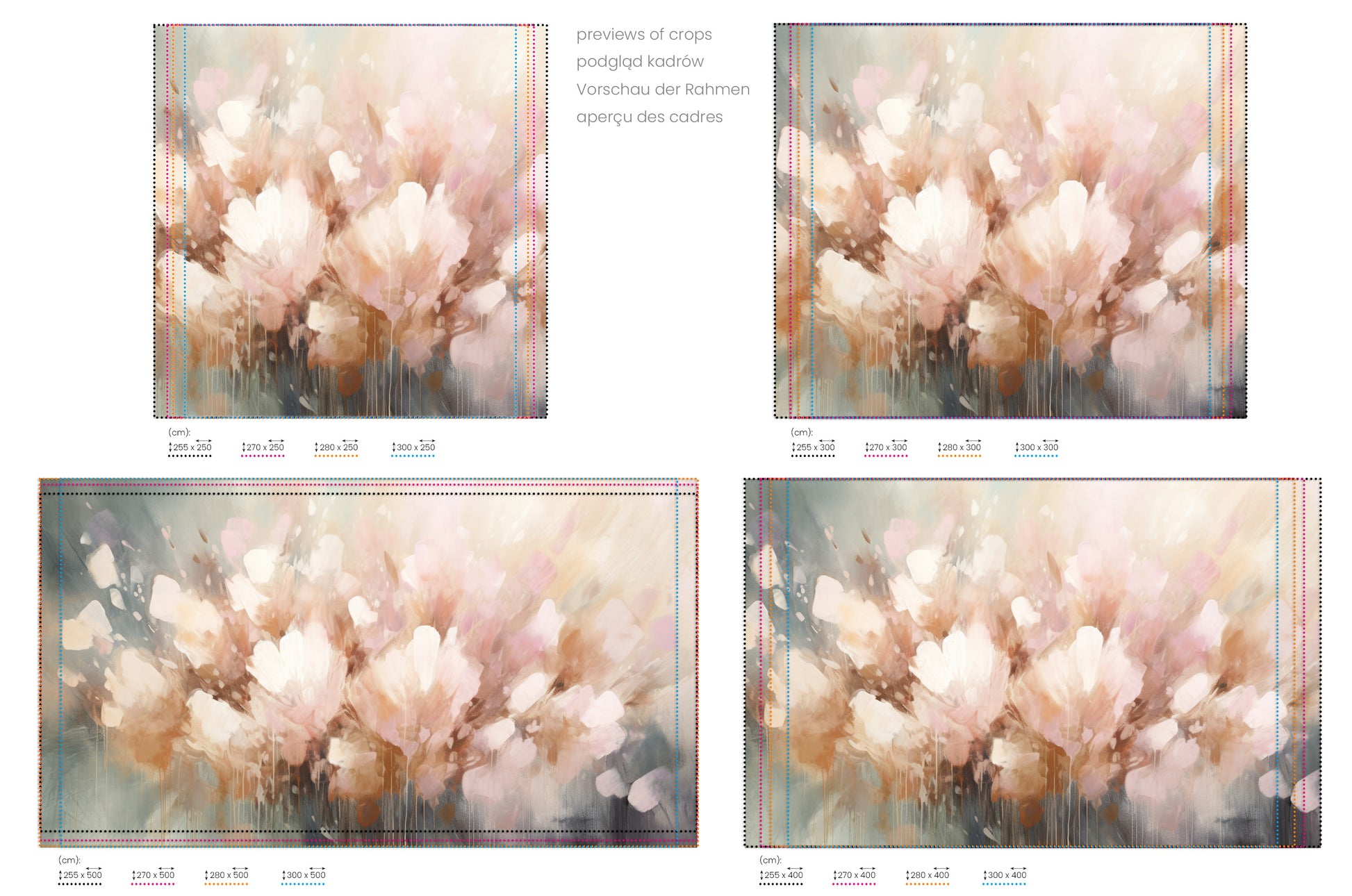 Na obrazie znajduje się prezentacja przykładowych rozmiarów fototapety o nazwie Petal Whisper. Rozmiar fototapety jest dowolny.