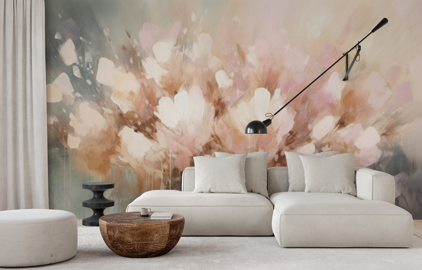 Wzór fototapety artystycznej o nazwie Petal Whisper pokazanej w aranżacji wnętrza.
