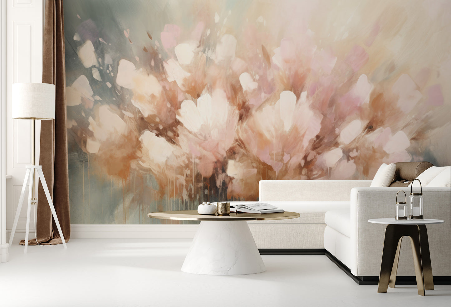 Fototapeta artystyczna o nazwie Petal Whisper pokazana w aranżacji wnętrza.
