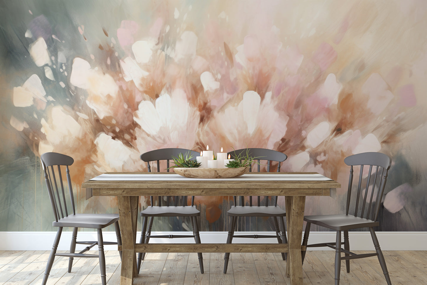 Wzór fototapety artystycznej o nazwie Petal Whisper pokazanej w aranżacji wnętrza.