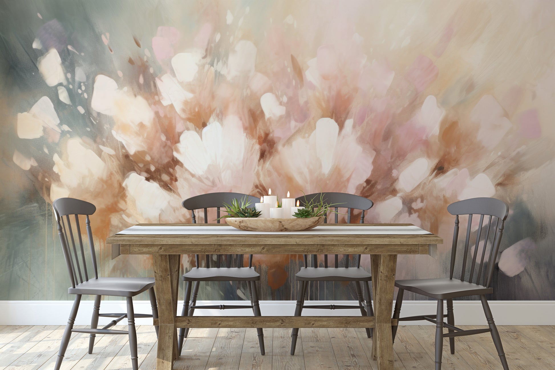 Wzór fototapety artystycznej o nazwie Petal Whisper pokazanej w aranżacji wnętrza.