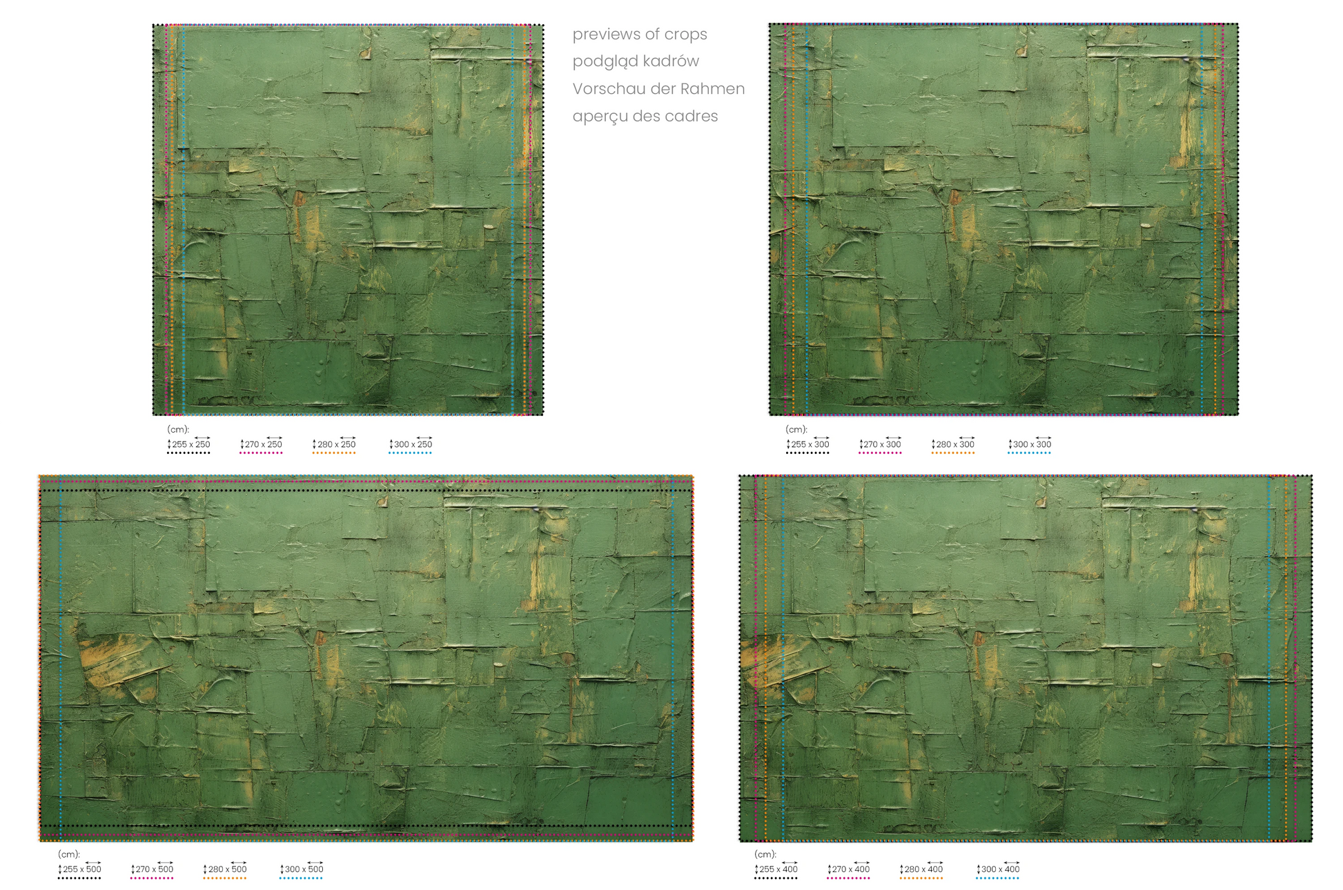 Na obrazie znajduje się prezentacja przykładowych rozmiarów fototapety o nazwie Green Geometry. Rozmiar fototapety jest dowolny.