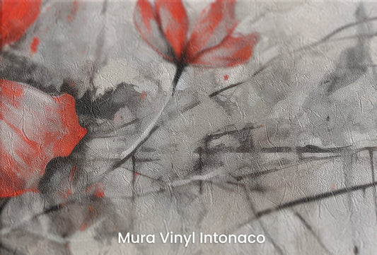 Zbliżenie na artystyczną fototapetę o nazwie CRIMSON BRUSHSTROKE BEAUTY na podłożu Mura Vinyl Intonaco - struktura tartego tynku.