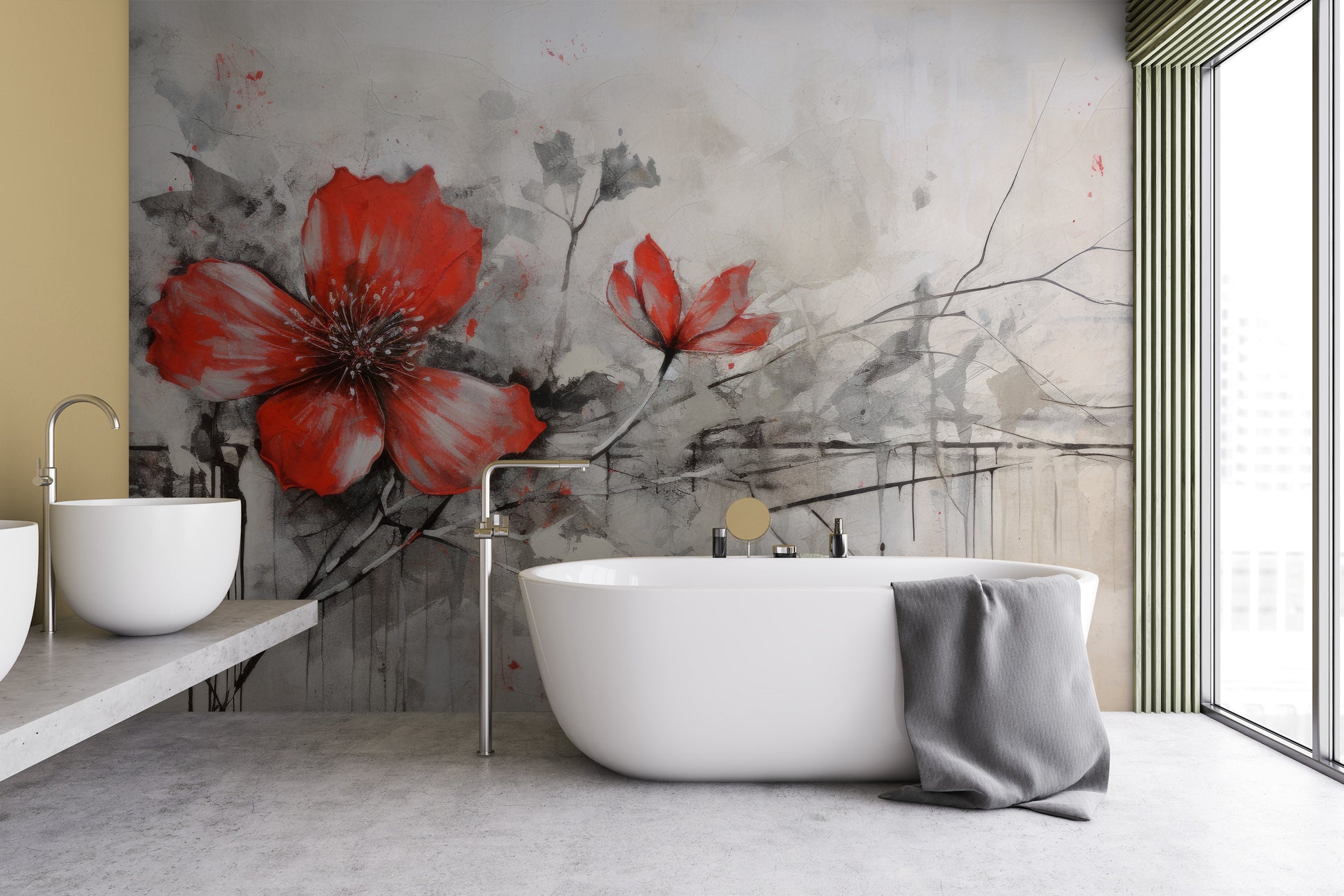 Zdjęcie prezentuje aranżację wnętrza z użyciem fototapety o nazwie CRIMSON BRUSHSTROKE BEAUTY pokazanej w aranżacji wnętrza.