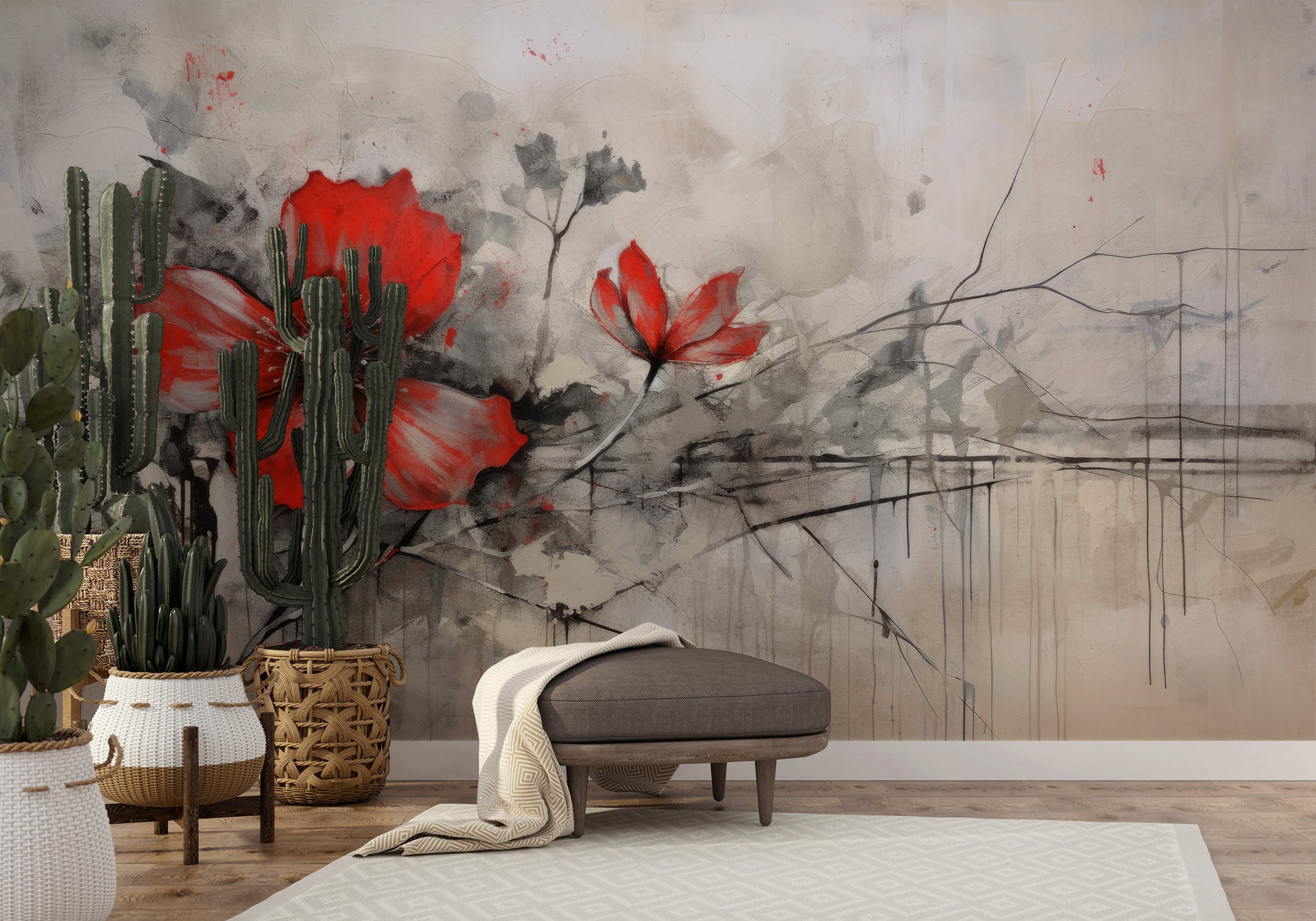 Wzór fototapety malowanej o nazwie CRIMSON BRUSHSTROKE BEAUTY pokazanej w aranżacji wnętrza.