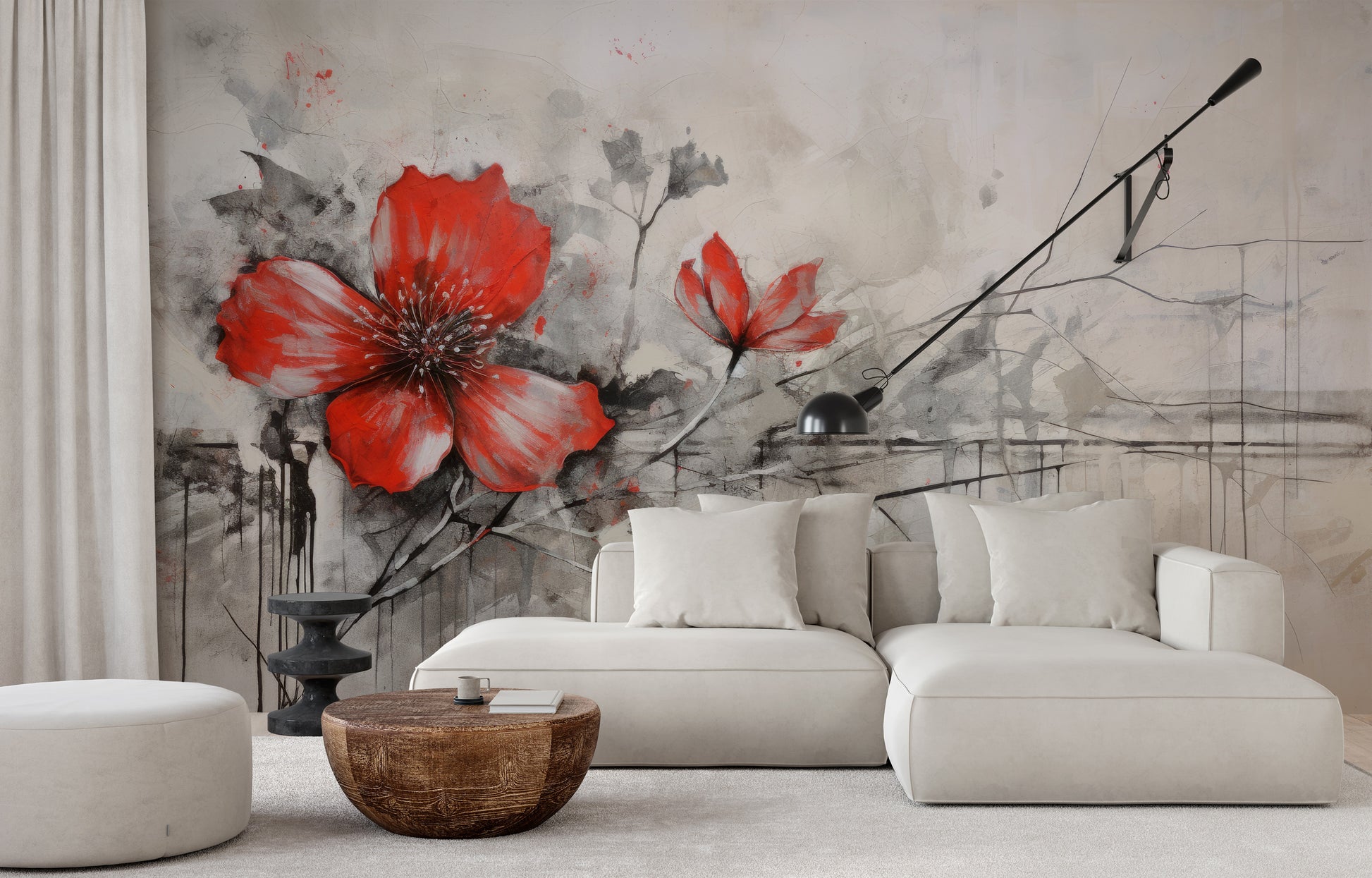 Wzór fototapety artystycznej o nazwie CRIMSON BRUSHSTROKE BEAUTY pokazanej w aranżacji wnętrza.