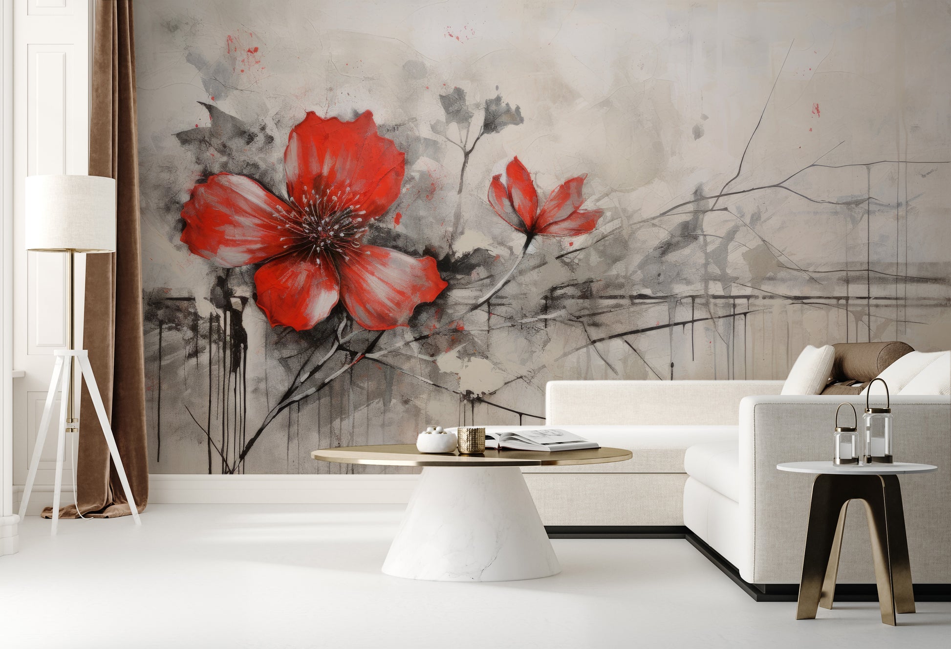 Wzór fototapety artystycznej o nazwie CRIMSON BRUSHSTROKE BEAUTY pokazanej w aranżacji wnętrza.