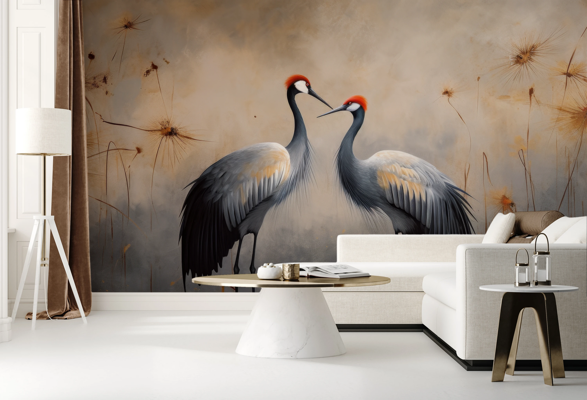 Wzór fototapety malowanej o nazwie Passionate Glance pokazanej w aranżacji wnętrza.