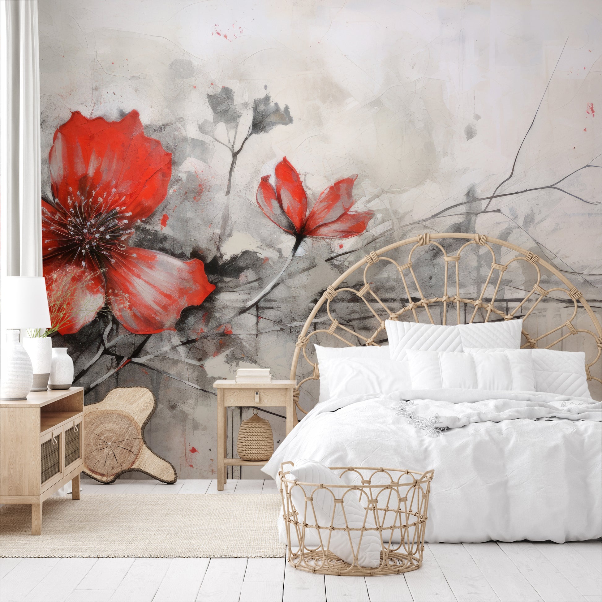 Wzór fototapety o nazwie CRIMSON BRUSHSTROKE BEAUTY pokazanej w kontekście pomieszczenia.