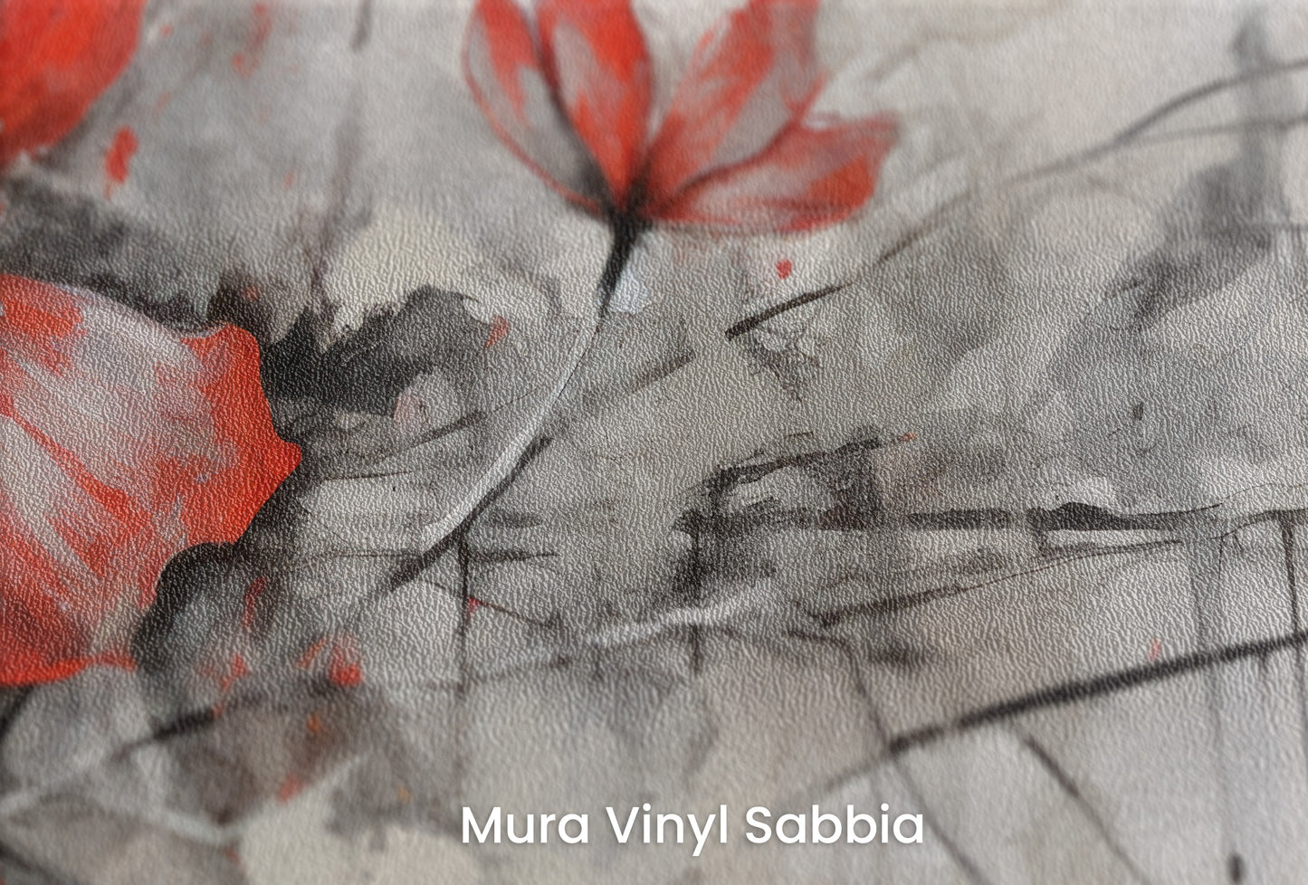 Zbliżenie na artystyczną fototapetę o nazwie CRIMSON BRUSHSTROKE BEAUTY na podłożu Mura Vinyl Sabbia struktura grubego ziarna piasku.