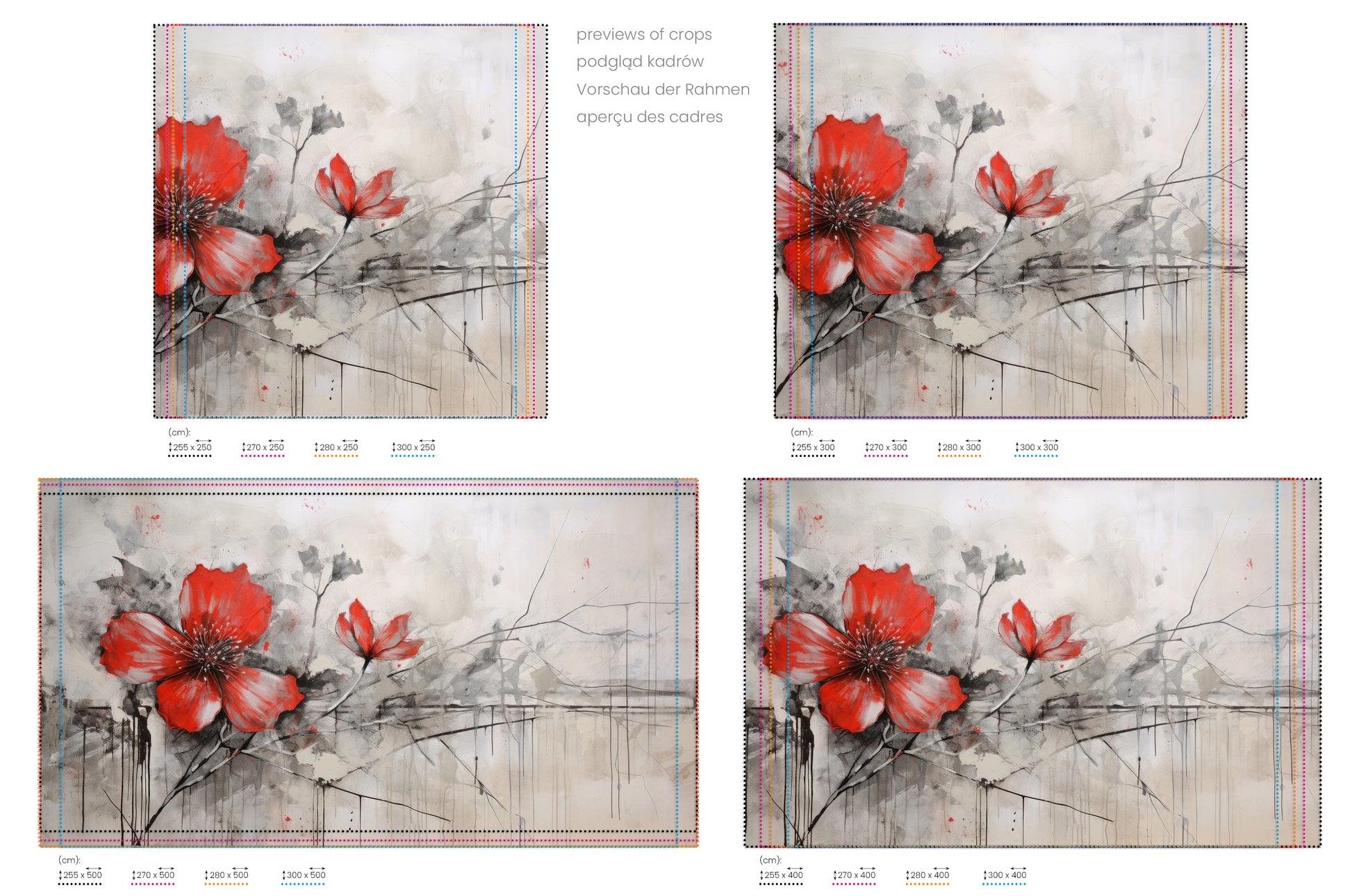 Na obrazie znajduje się prezentacja przykładowych rozmiarów fototapety o nazwie CRIMSON BRUSHSTROKE BEAUTY. Rozmiar fototapety jest dowolny.