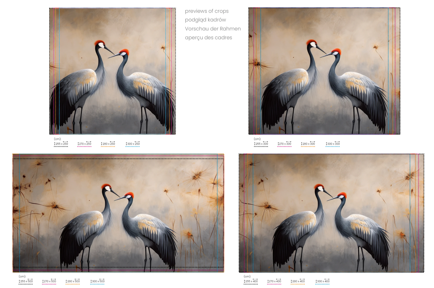 Na obrazie znajduje się prezentacja przykładowych rozmiarów fototapety o nazwie Passionate Glance. Rozmiar fototapety jest dowolny.