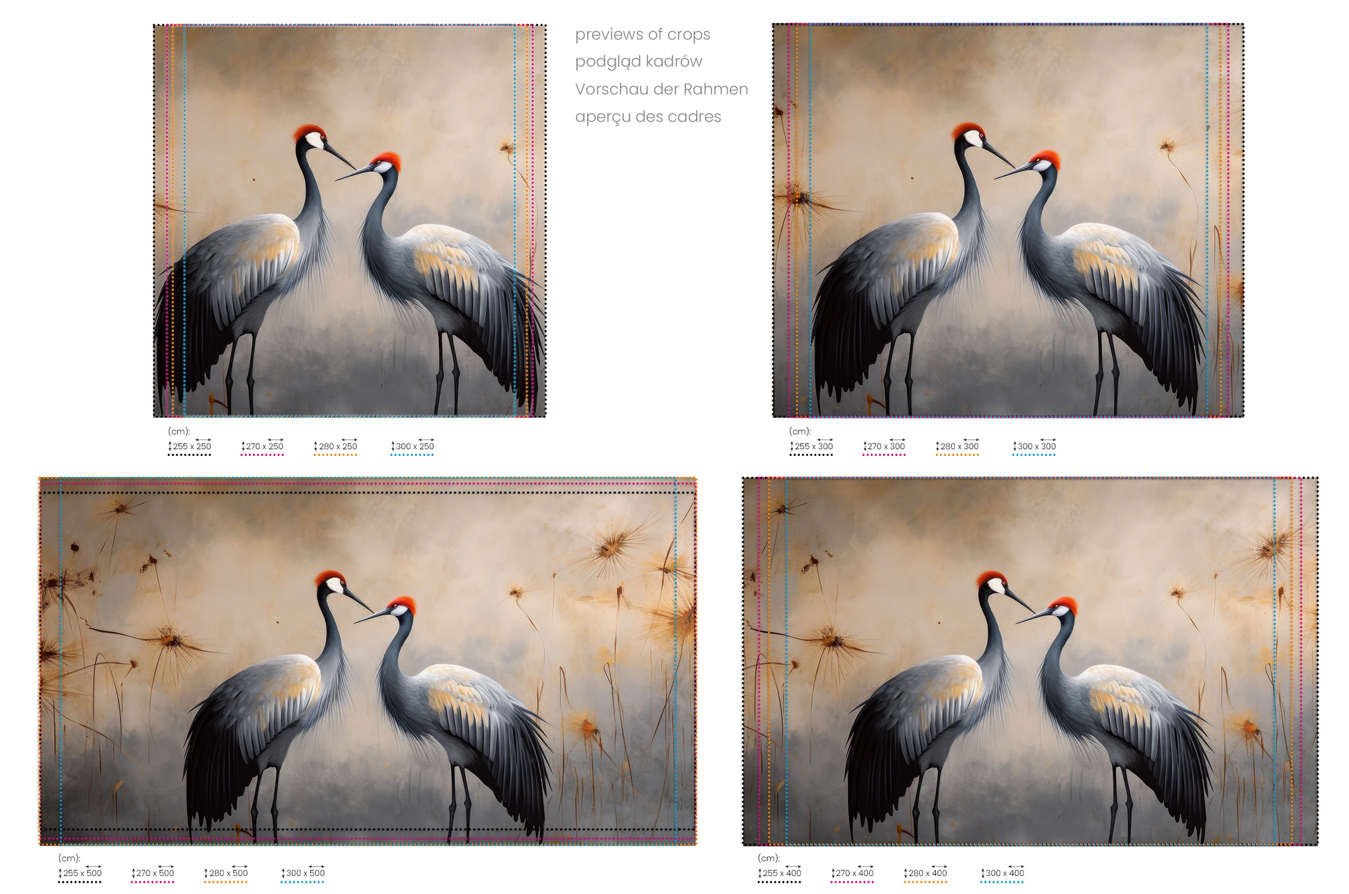 Na obrazie znajduje się prezentacja przykładowych rozmiarów fototapety o nazwie Passionate Glance. Rozmiar fototapety jest dowolny.