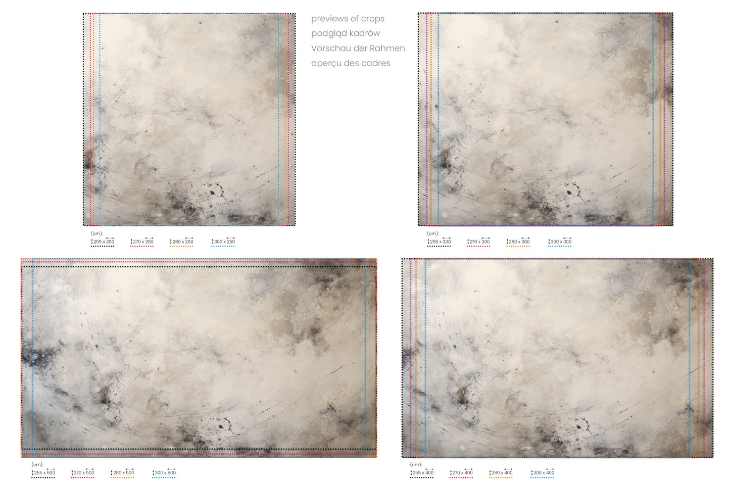 Na obrazie znajduje się prezentacja przykładowych rozmiarów fototapety o nazwie SMOKE WHIRL ABSTRACT. Rozmiar fototapety jest dowolny.