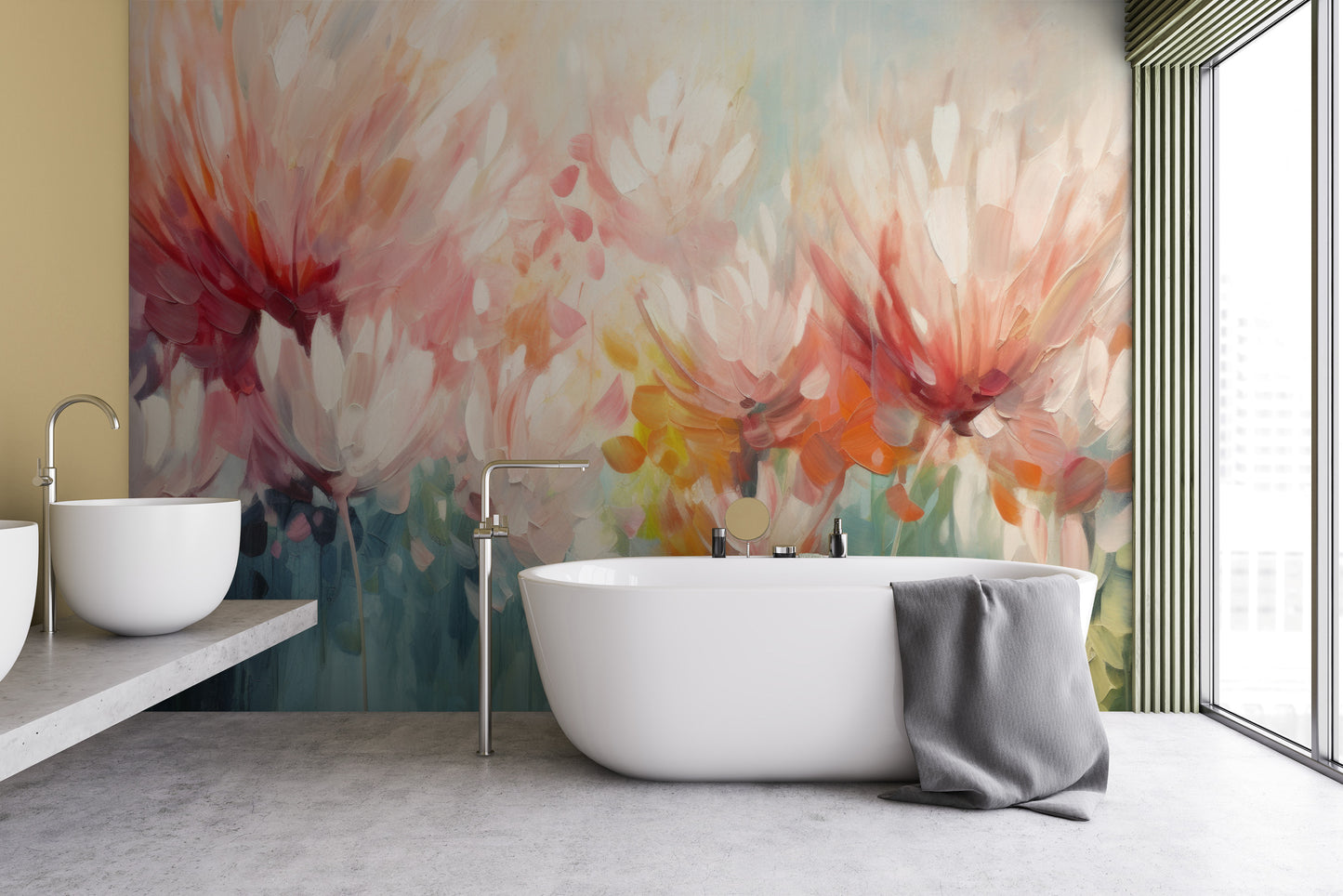 Wzór fototapety malowanej o nazwie Floral Burst pokazanej w aranżacji wnętrza.
