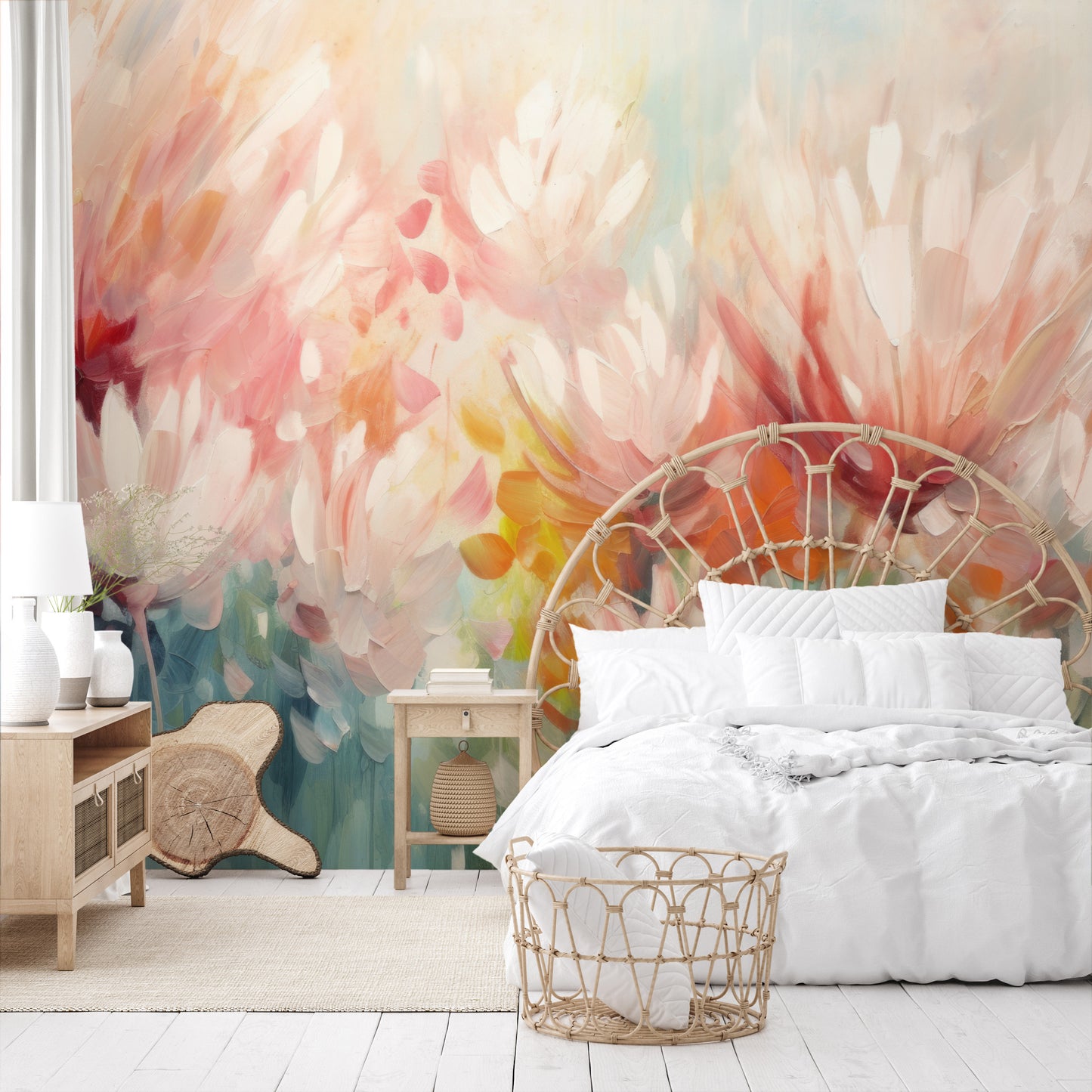Fototapeta artystyczna o nazwie Floral Burst pokazana w aranżacji wnętrza.