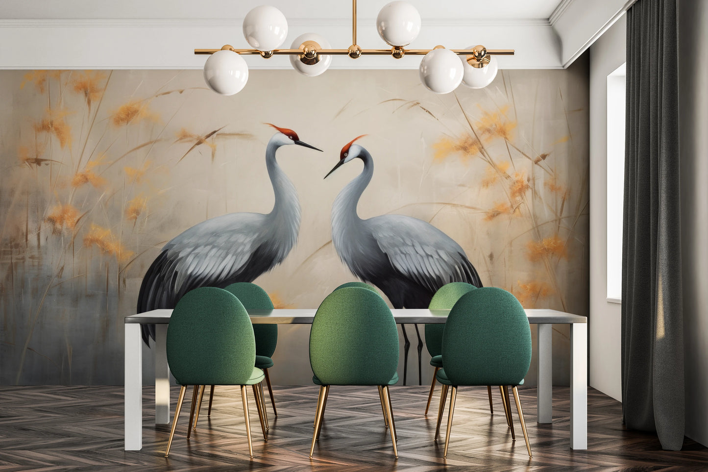 Wzór fototapety malowanej o nazwie Harmony in Gold pokazanej w aranżacji wnętrza.