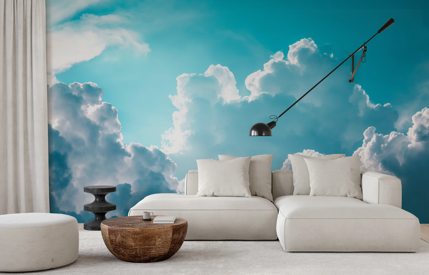 Wzór fototapety artystycznej o nazwie Azure Calm pokazanej w aranżacji wnętrza.