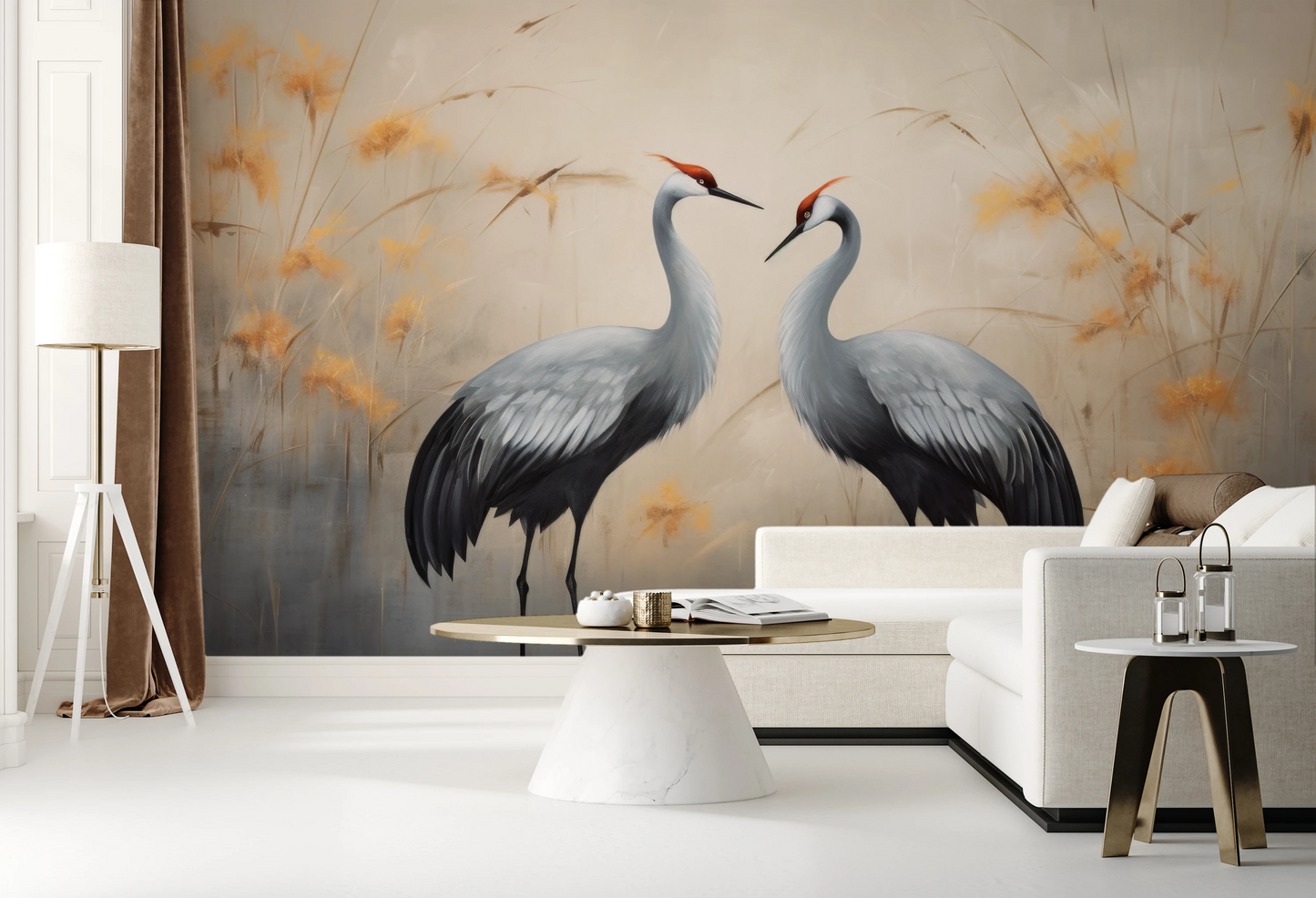 Wzór fototapety o nazwie Harmony in Gold pokazanej w kontekście pomieszczenia.