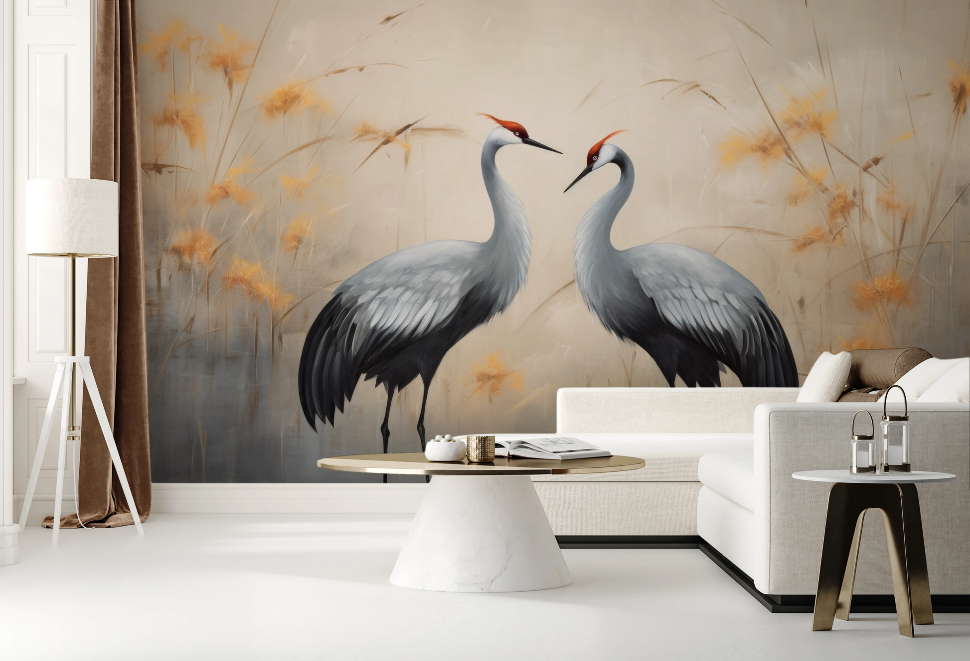 Wzór fototapety o nazwie Harmony in Gold pokazanej w kontekście pomieszczenia.