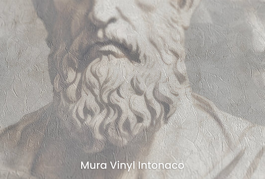 Zbliżenie na artystyczną fototapetę o nazwie Stoic Reverie na podłożu Mura Vinyl Intonaco - struktura tartego tynku.