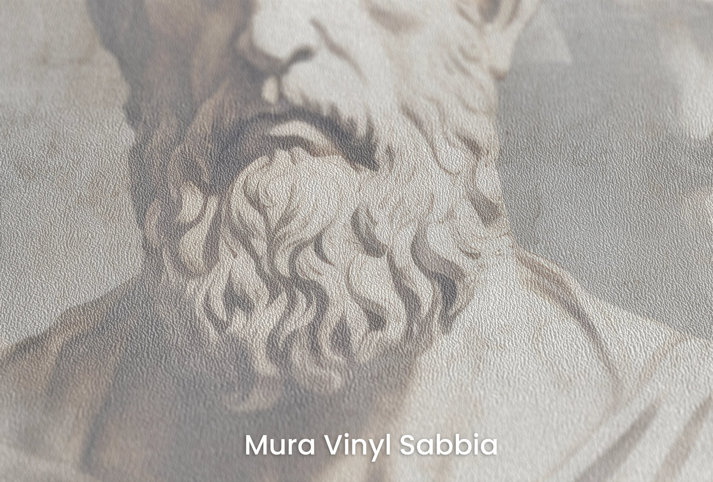 Zbliżenie na artystyczną fototapetę o nazwie Stoic Reverie na podłożu Mura Vinyl Sabbia struktura grubego ziarna piasku.