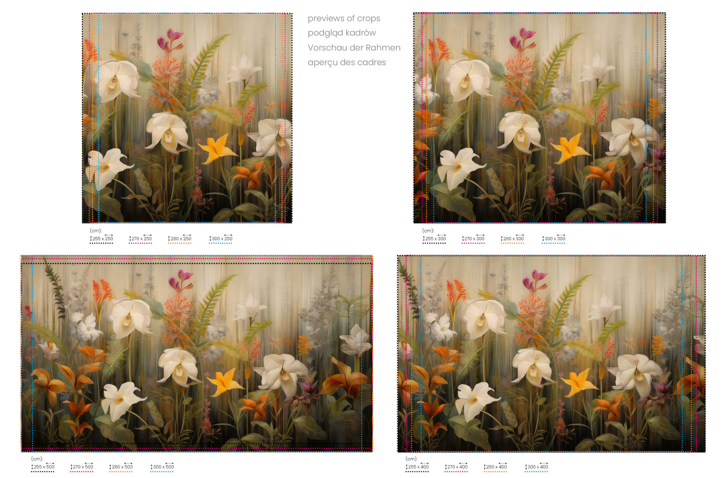 Na obrazie znajduje się prezentacja przykładowych rozmiarów fototapety o nazwie Exotic Garden Serenity. Rozmiar fototapety jest dowolny.