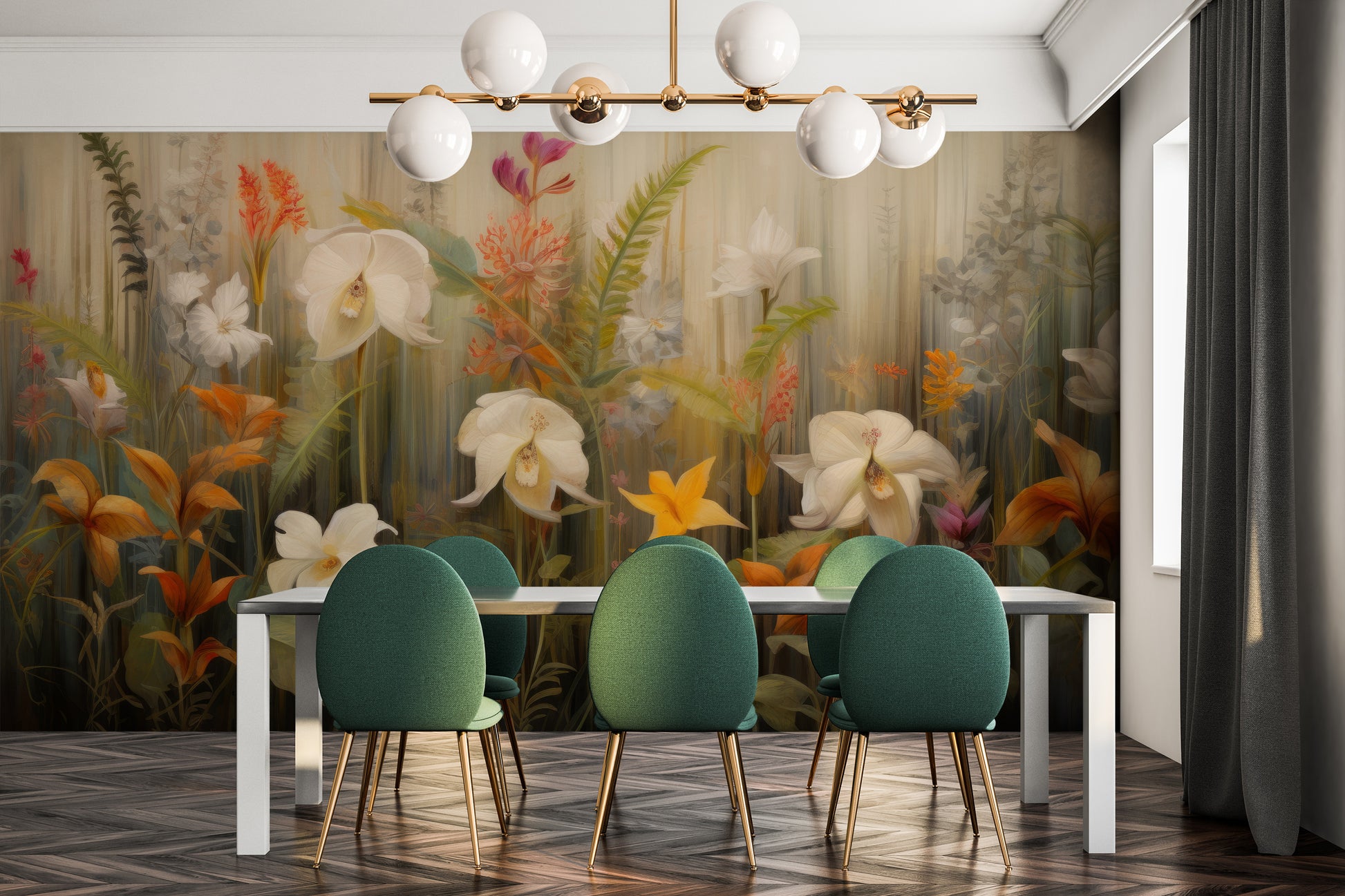 Zdjęcie prezentuje aranżację wnętrza z użyciem fototapety o nazwie Exotic Garden Serenity pokazanej w aranżacji wnętrza.