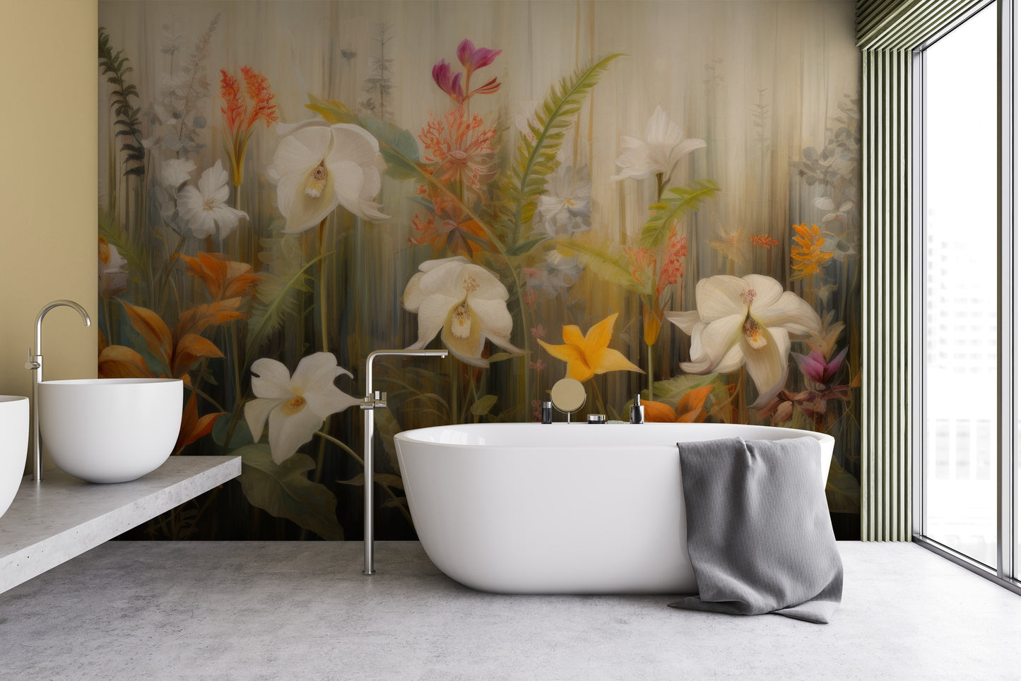 Fototapeta artystyczna o nazwie Exotic Garden Serenity pokazana w aranżacji wnętrza.