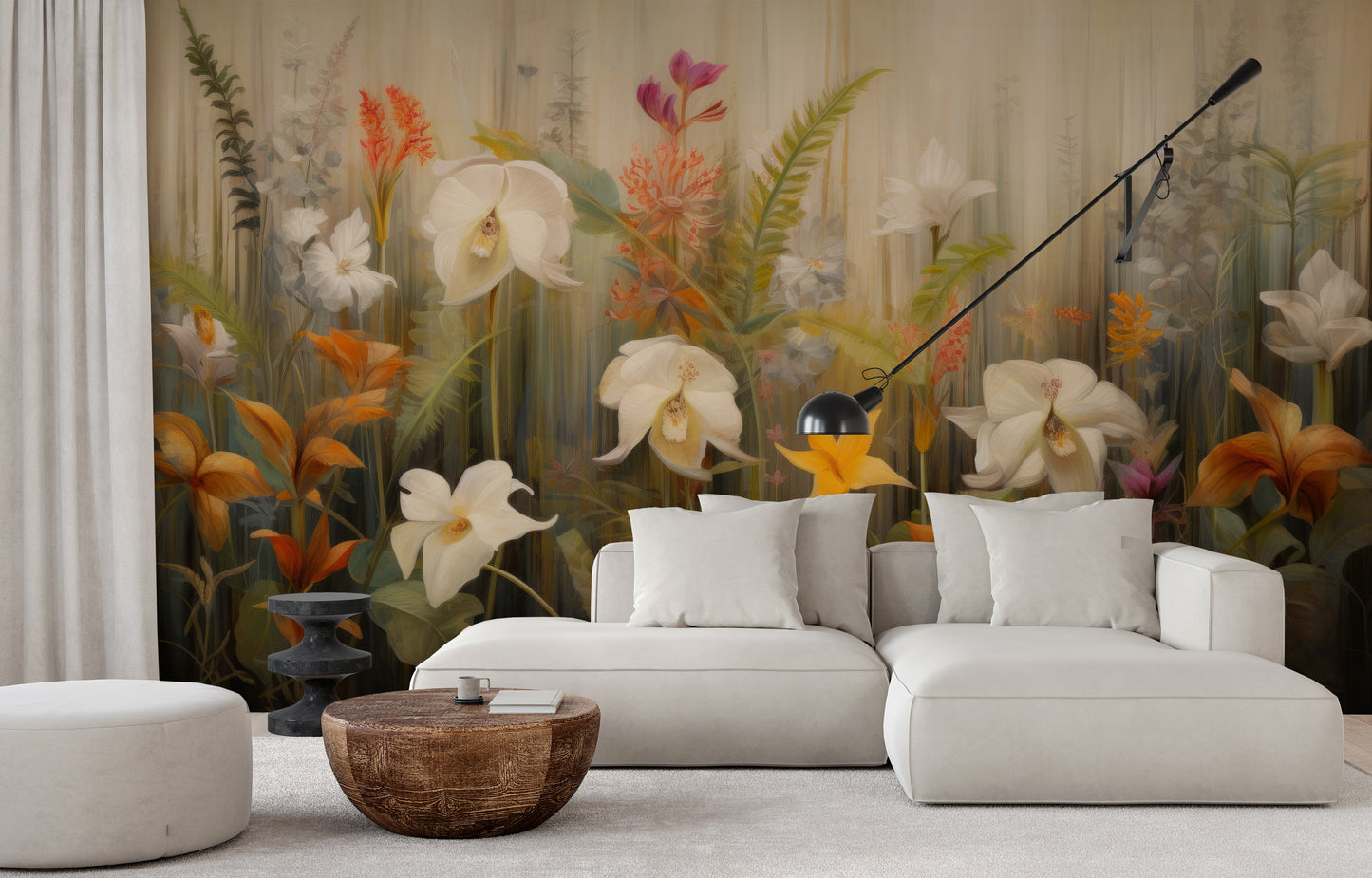 Wzór fototapety artystycznej o nazwie Exotic Garden Serenity pokazanej w aranżacji wnętrza.