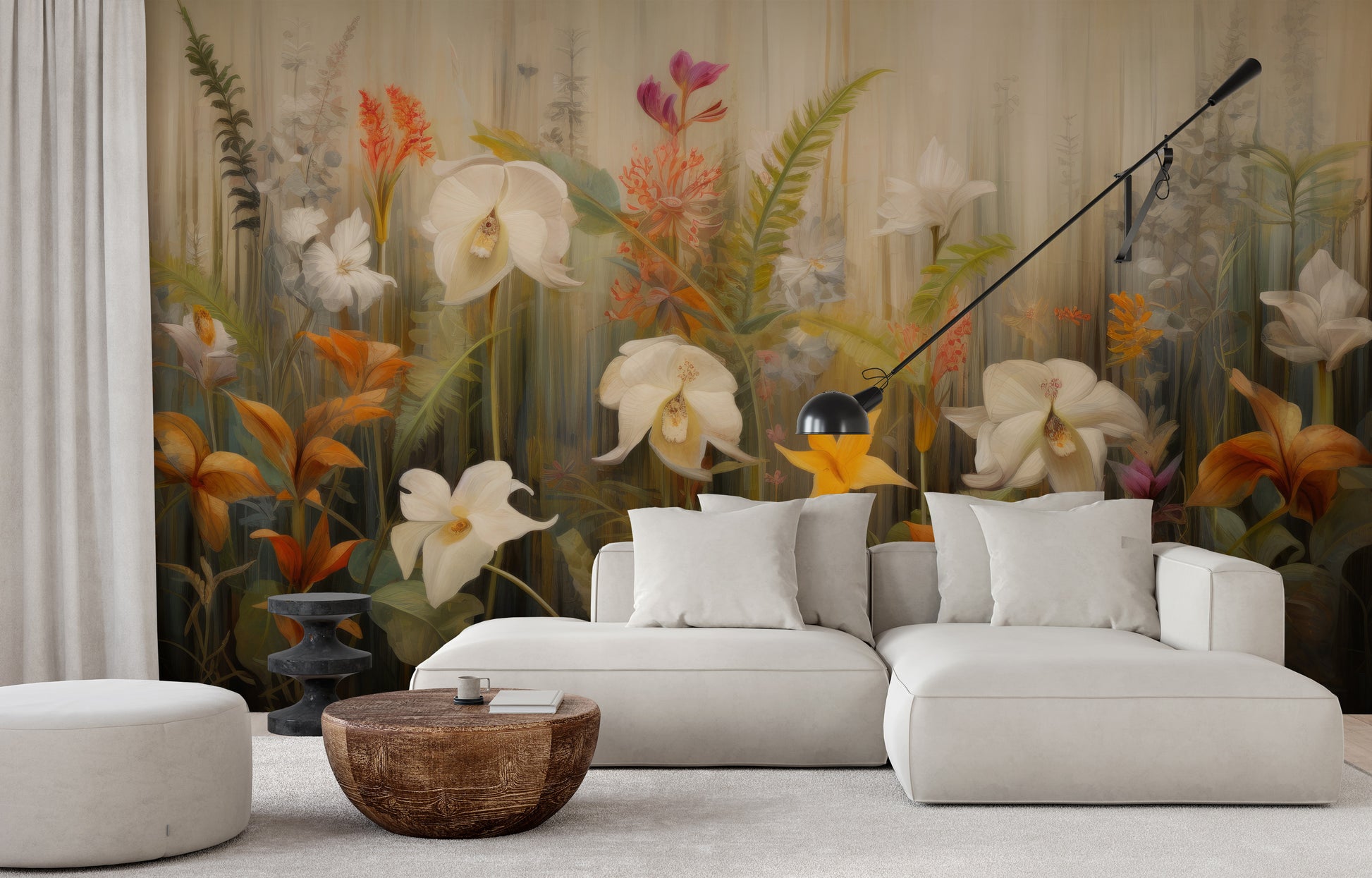 Wzór fototapety artystycznej o nazwie Exotic Garden Serenity pokazanej w aranżacji wnętrza.