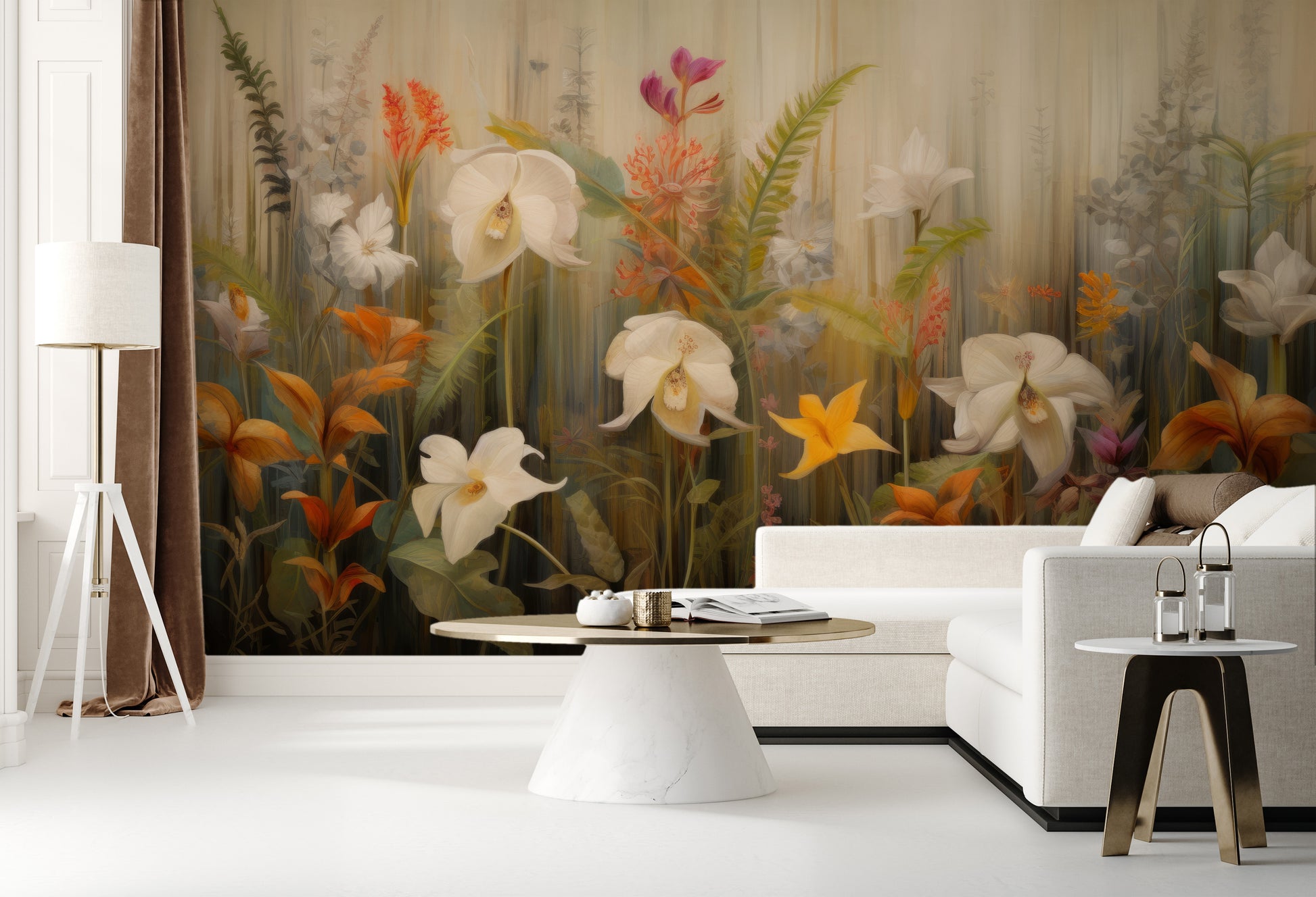 Wzór fototapety artystycznej o nazwie Exotic Garden Serenity pokazanej w aranżacji wnętrza.