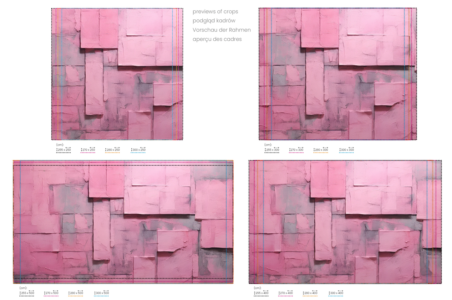 Na obrazie znajduje się prezentacja przykładowych rozmiarów fototapety o nazwie Blushing Texture. Rozmiar fototapety jest dowolny.
