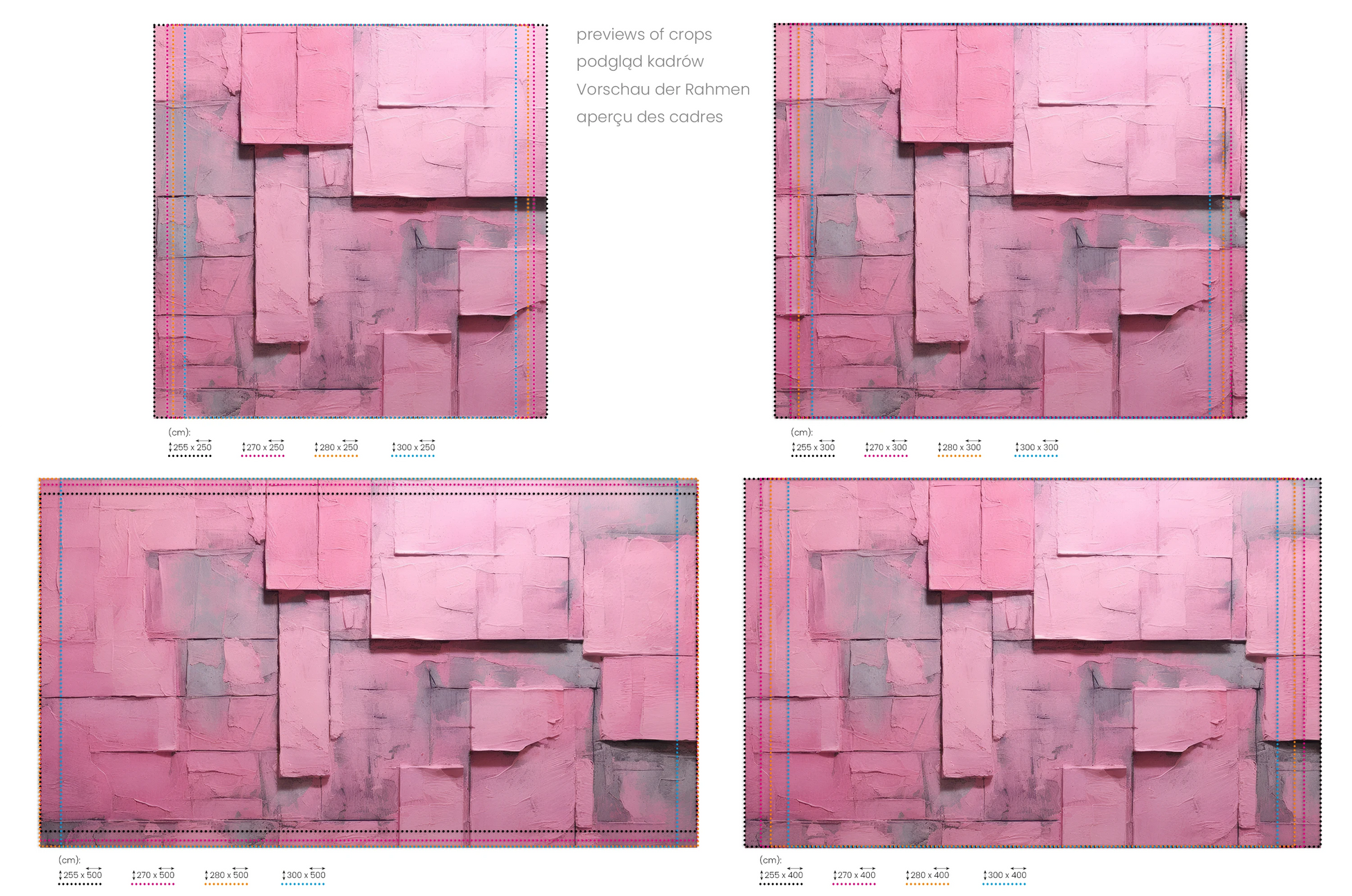 Na obrazie znajduje się prezentacja przykładowych rozmiarów fototapety o nazwie Blushing Texture. Rozmiar fototapety jest dowolny.