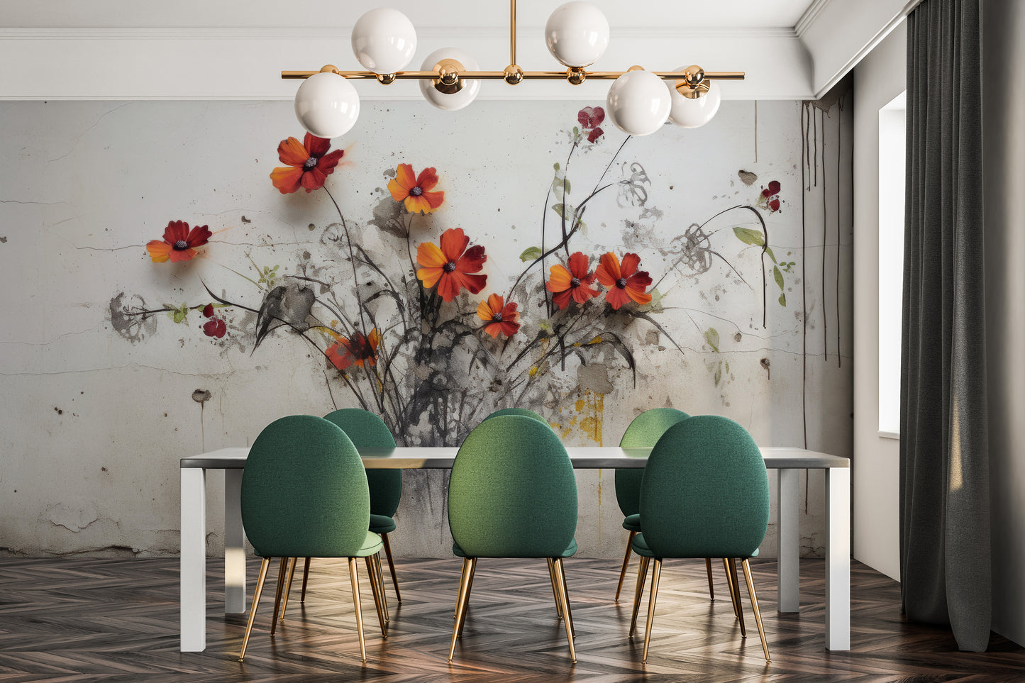 Fototapeta malowana o nazwie SUNSET FLORAL FUSION pokazana w aranżacji wnętrza.