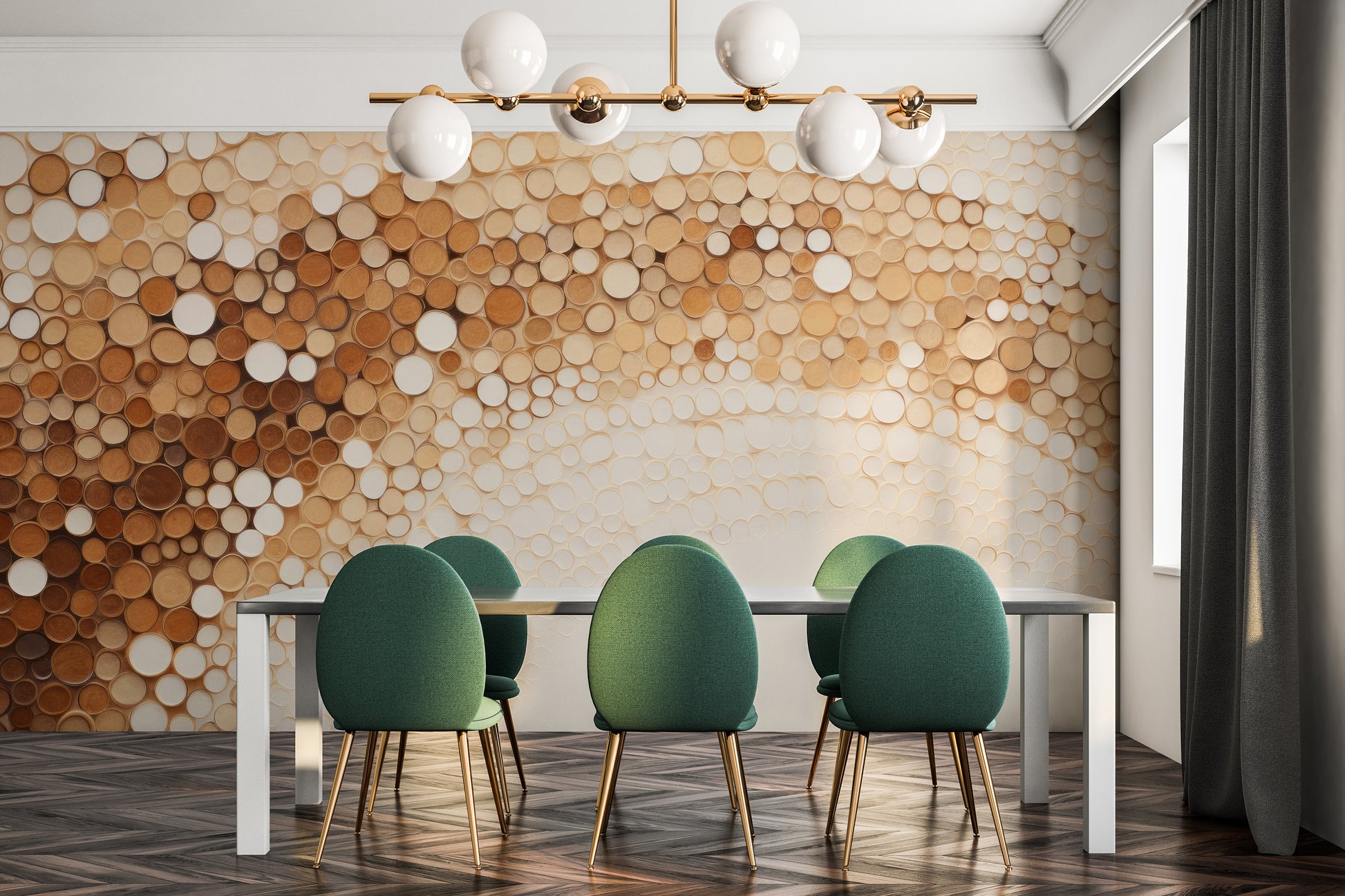 Wzór fototapety malowanej o nazwie RUSTIC COFFEE TONES CASCADE pokazanej w aranżacji wnętrza.