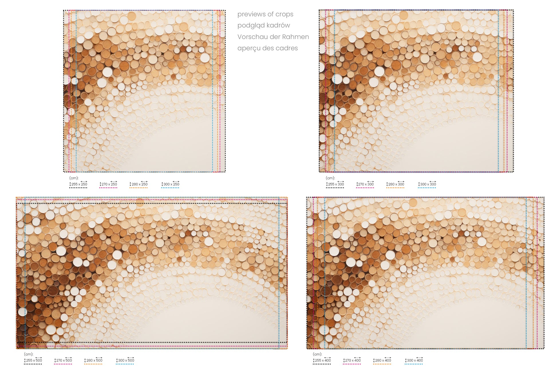 Na obrazie znajduje się prezentacja przykładowych rozmiarów fototapety o nazwie RUSTIC COFFEE TONES CASCADE. Rozmiar fototapety jest dowolny.