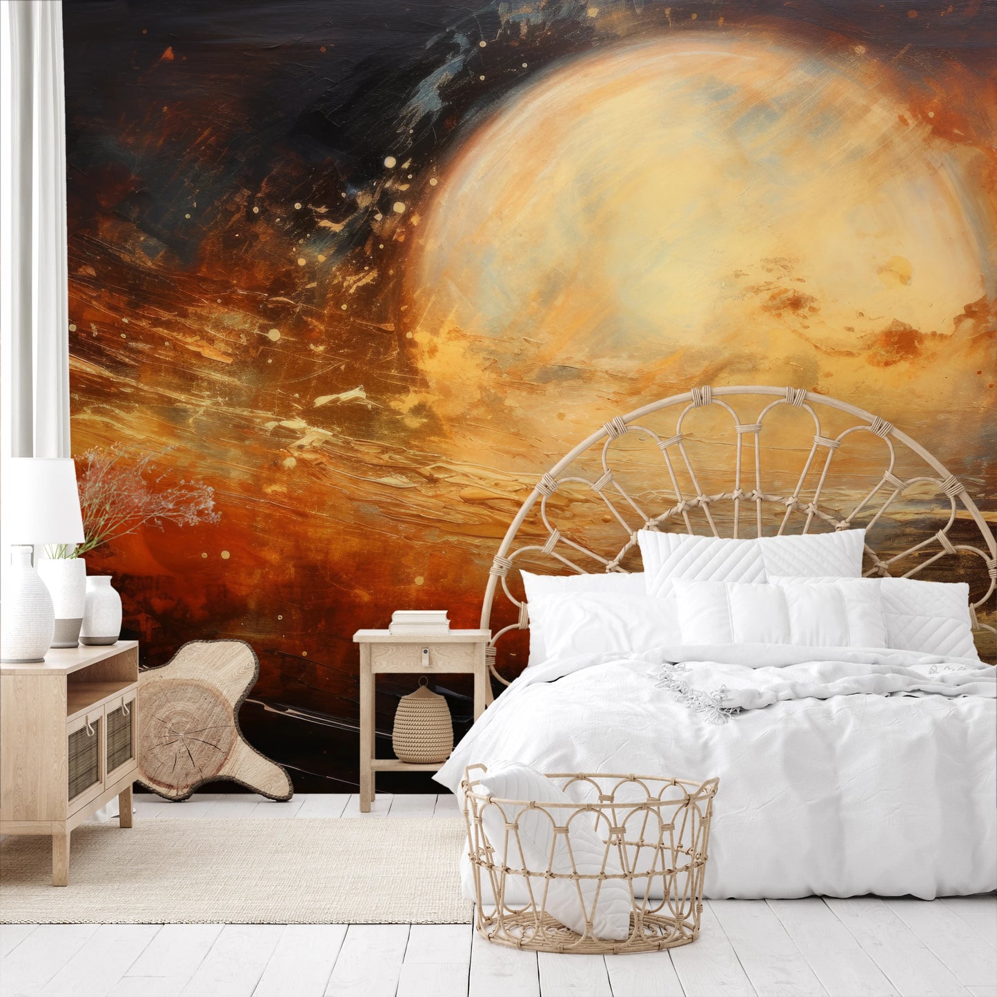Fototapeta artystyczna o nazwie Saturn's Embrace pokazana w aranżacji wnętrza.