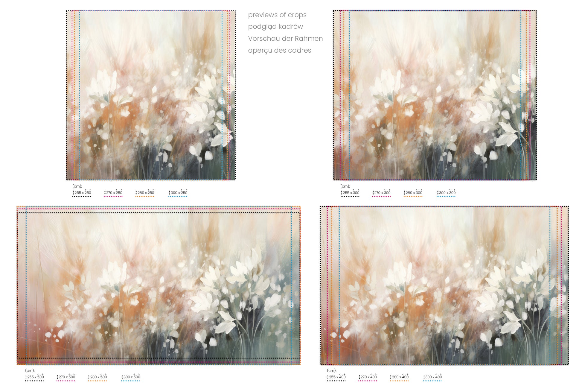 Na obrazie znajduje się prezentacja przykładowych rozmiarów fototapety o nazwie Soft Petal Dance. Rozmiar fototapety jest dowolny.