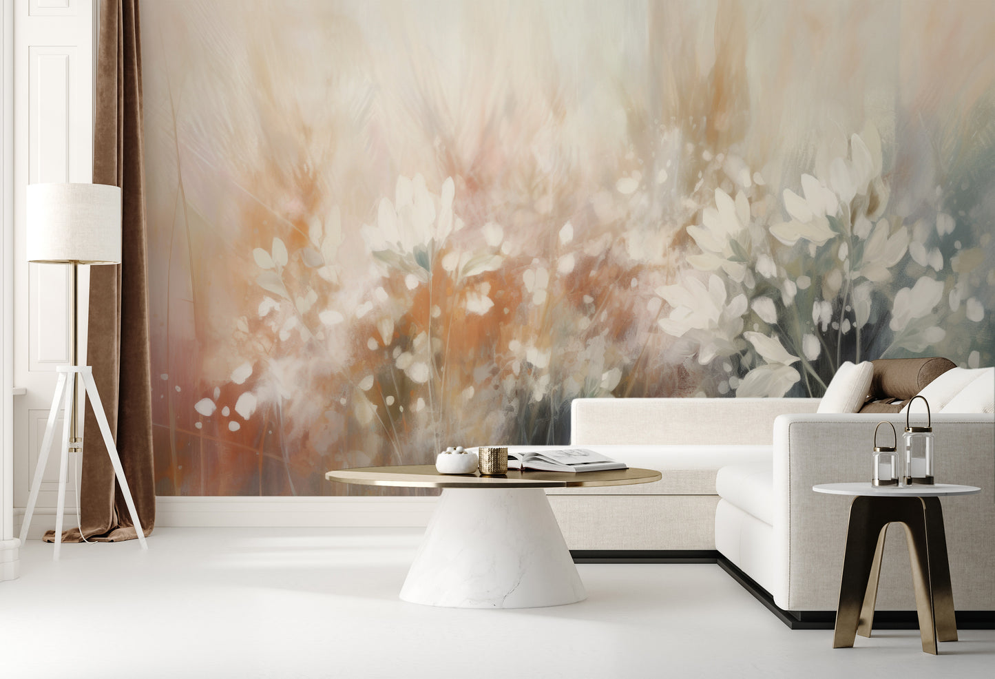 Zdjęcie prezentuje aranżację wnętrza z użyciem fototapety o nazwie Soft Petal Dance pokazanej w aranżacji wnętrza.