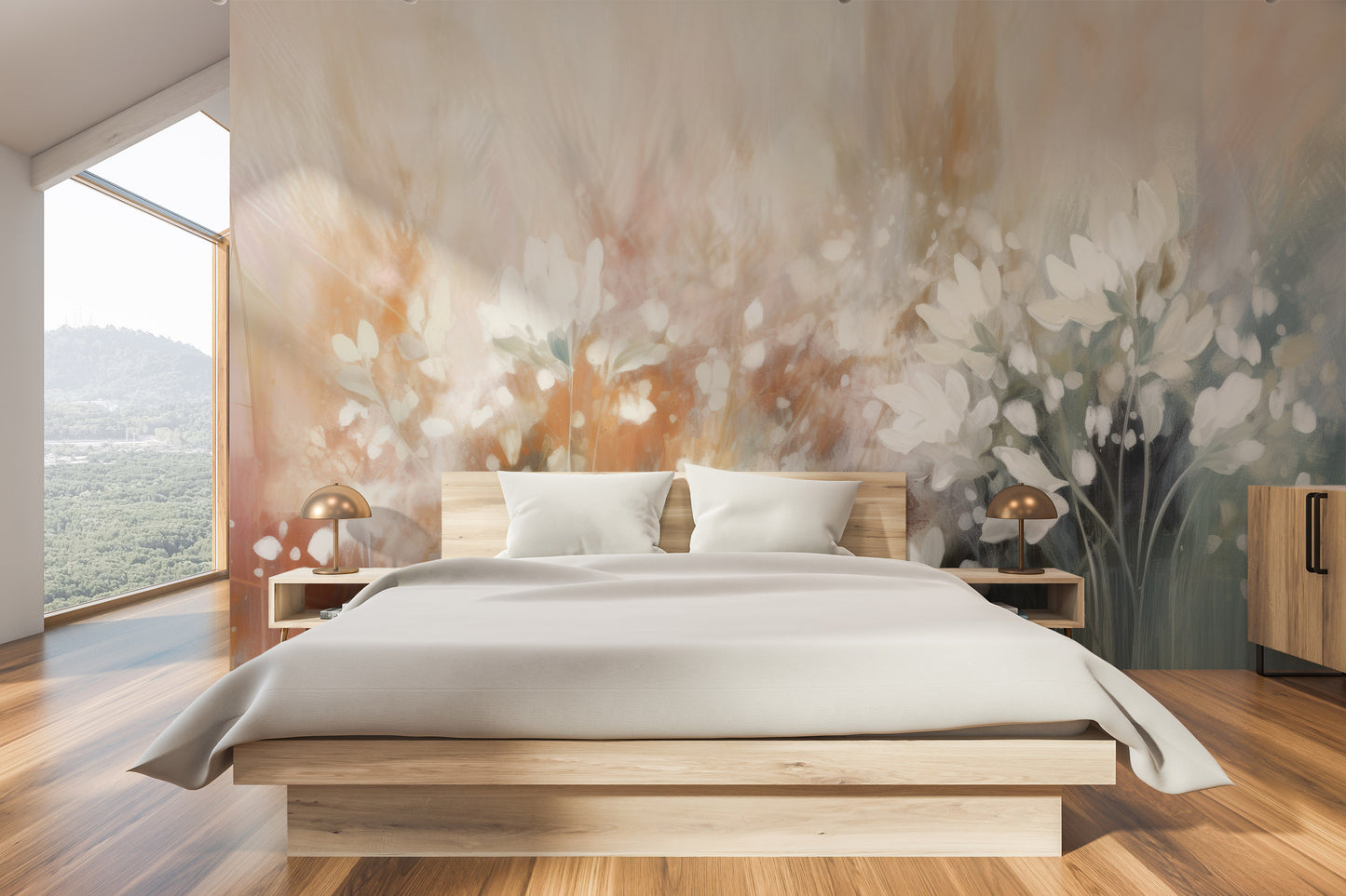 Wzór fototapety artystycznej o nazwie Soft Petal Dance pokazanej w aranżacji wnętrza.