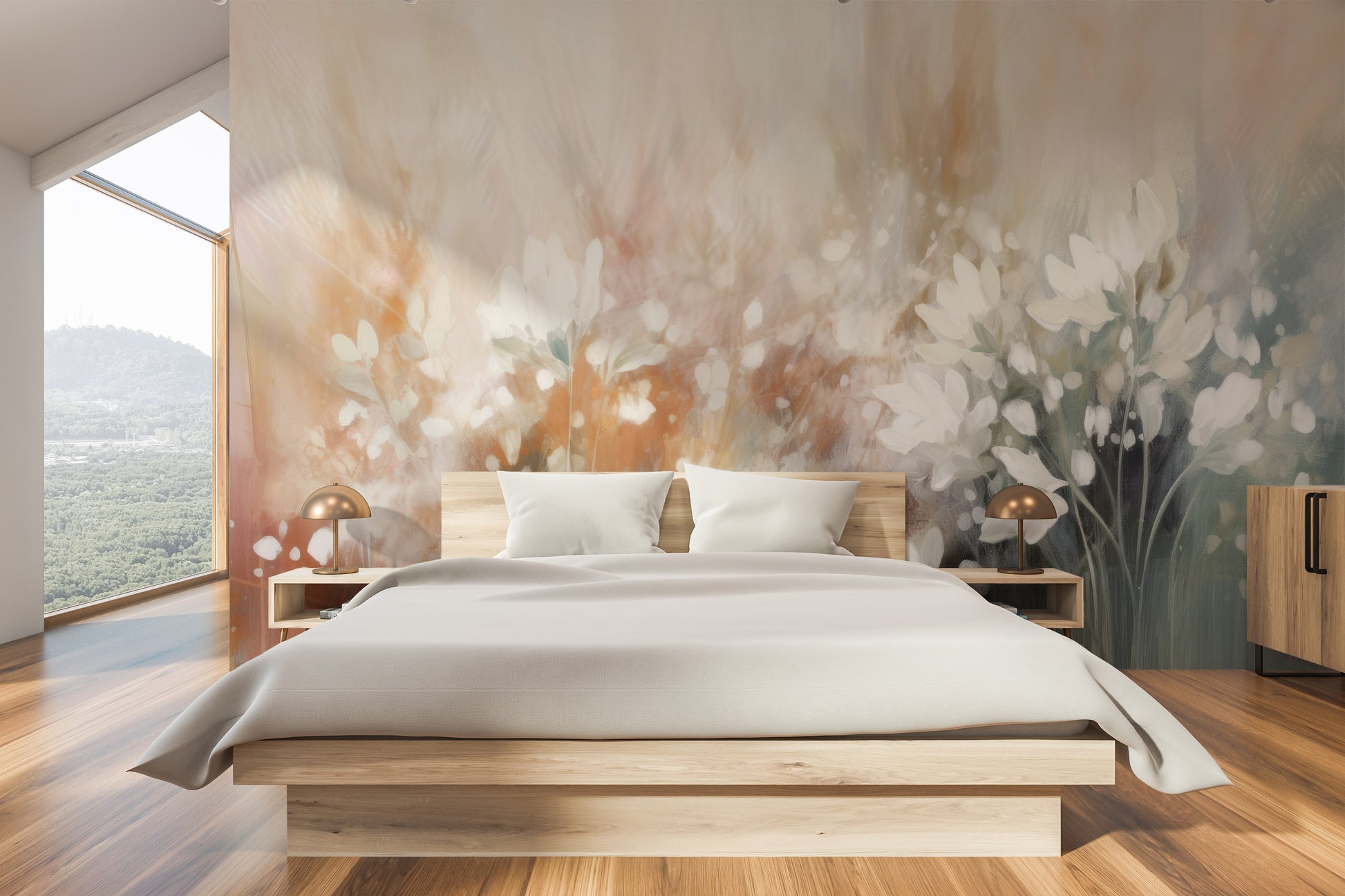 Wzór fototapety artystycznej o nazwie Soft Petal Dance pokazanej w aranżacji wnętrza.