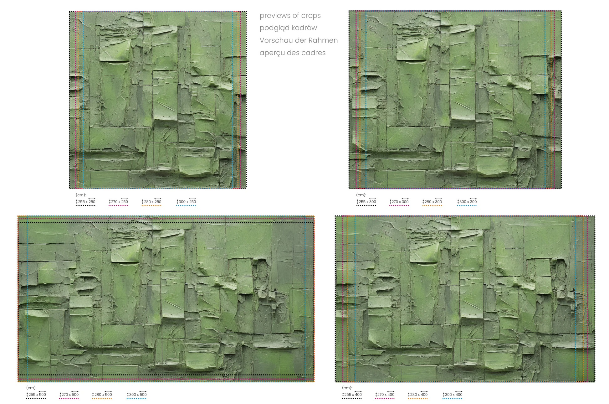 Na obrazie znajduje się prezentacja przykładowych rozmiarów fototapety o nazwie Green Patchwork. Rozmiar fototapety jest dowolny.