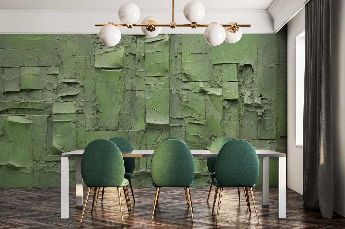 Wzór fototapety o nazwie Green Patchwork pokazanej w kontekście pomieszczenia.