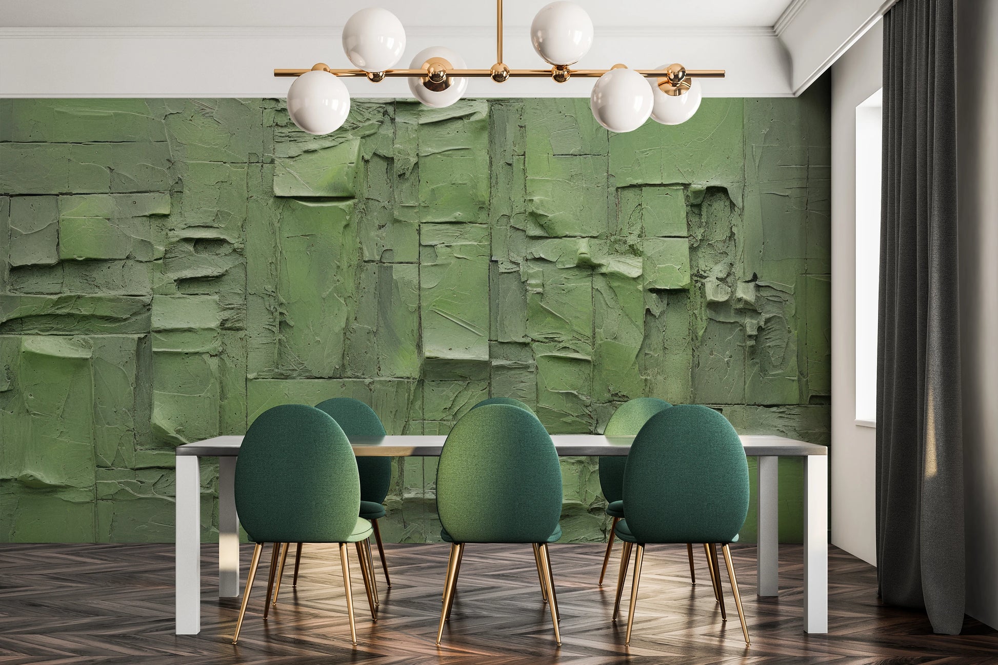 Wzór fototapety o nazwie Green Patchwork pokazanej w kontekście pomieszczenia.
