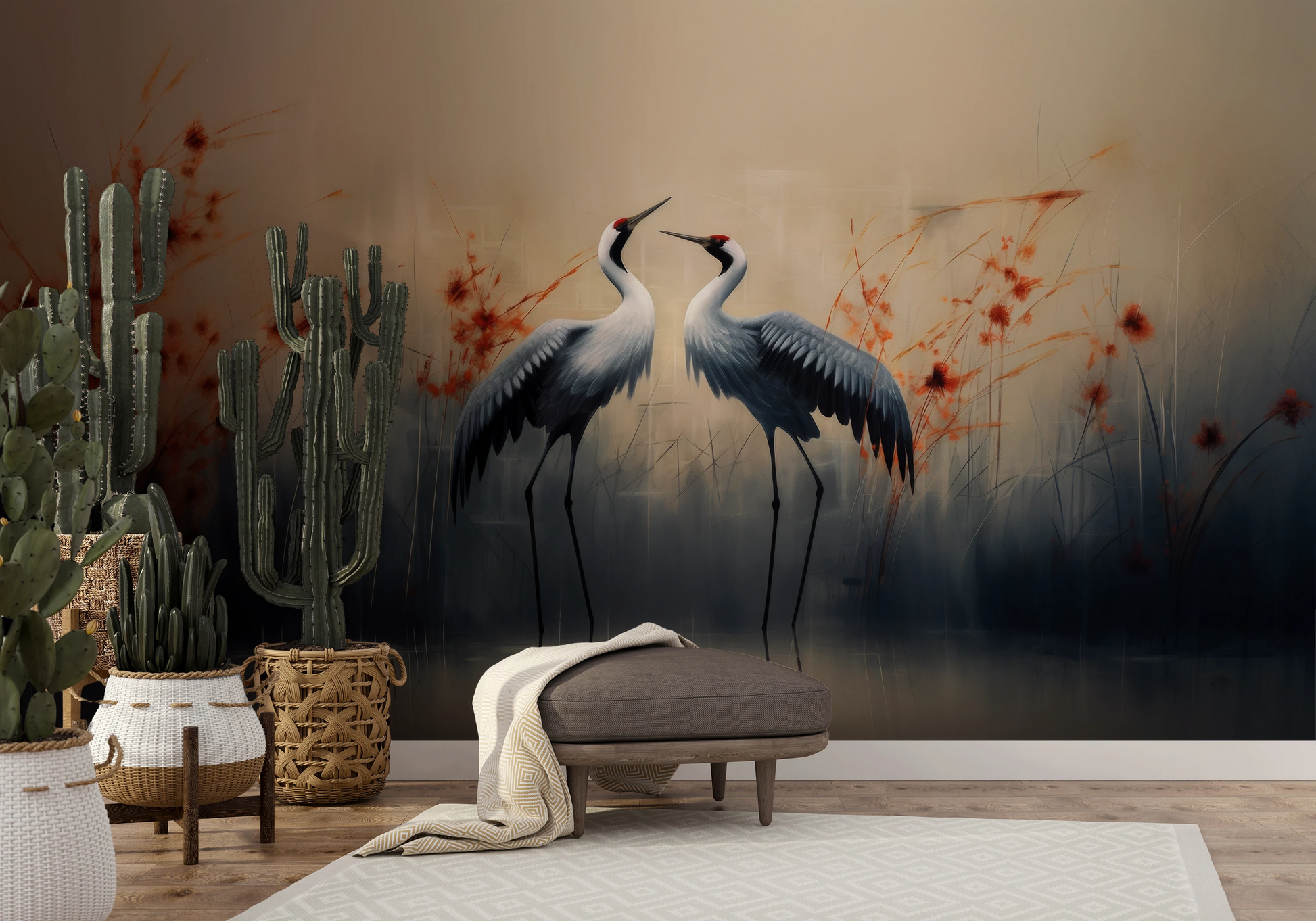 Wzór fototapety malowanej o nazwie Morning Mist pokazanej w aranżacji wnętrza.