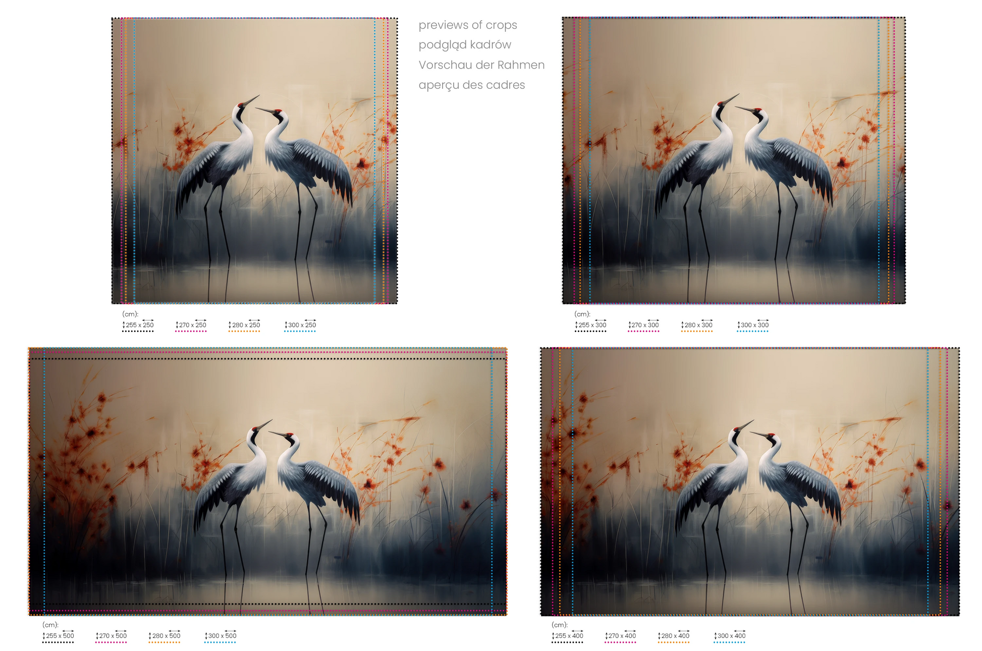 Na obrazie znajduje się prezentacja przykładowych rozmiarów fototapety o nazwie Morning Mist. Rozmiar fototapety jest dowolny.